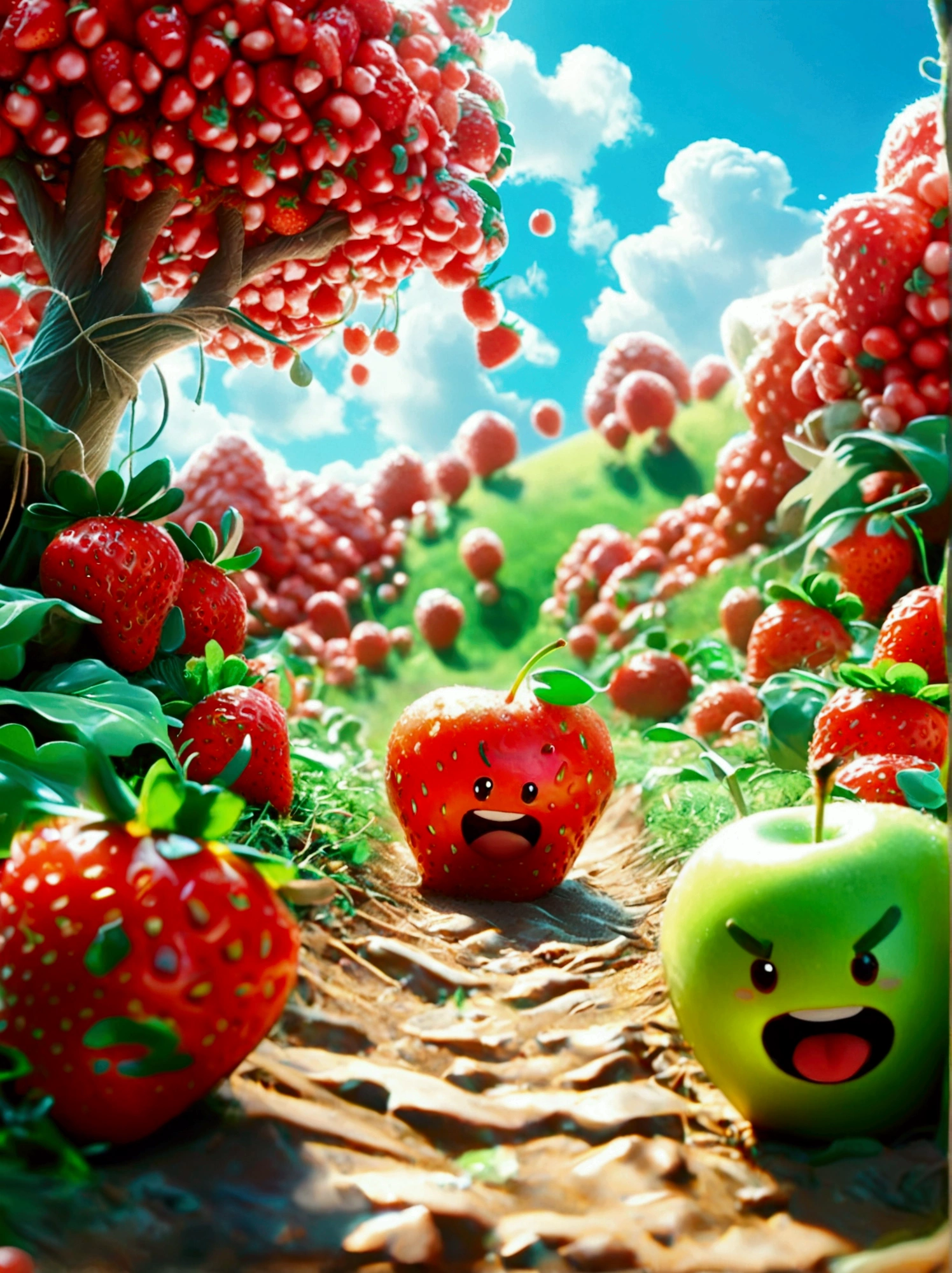 A humorous illustration depicting the concept of competition。A red strawberry and a green apple rolled down the hill，Running like crazy，There is a finish line tape at the bottom of the hill。Strawberry&#39;s facial expression is exaggerated，Demonstrated strong determination and competitive spirit。A group of fruit lovers，Such as bananas、Cherries and oranges，Watching the game eagerly，Cheering and waving flags on the sidelines。Background is a sunny day，The sky is blue，White clouds。The scene is playful and exaggerated，Emphasizes the humor and lightness of the scene。