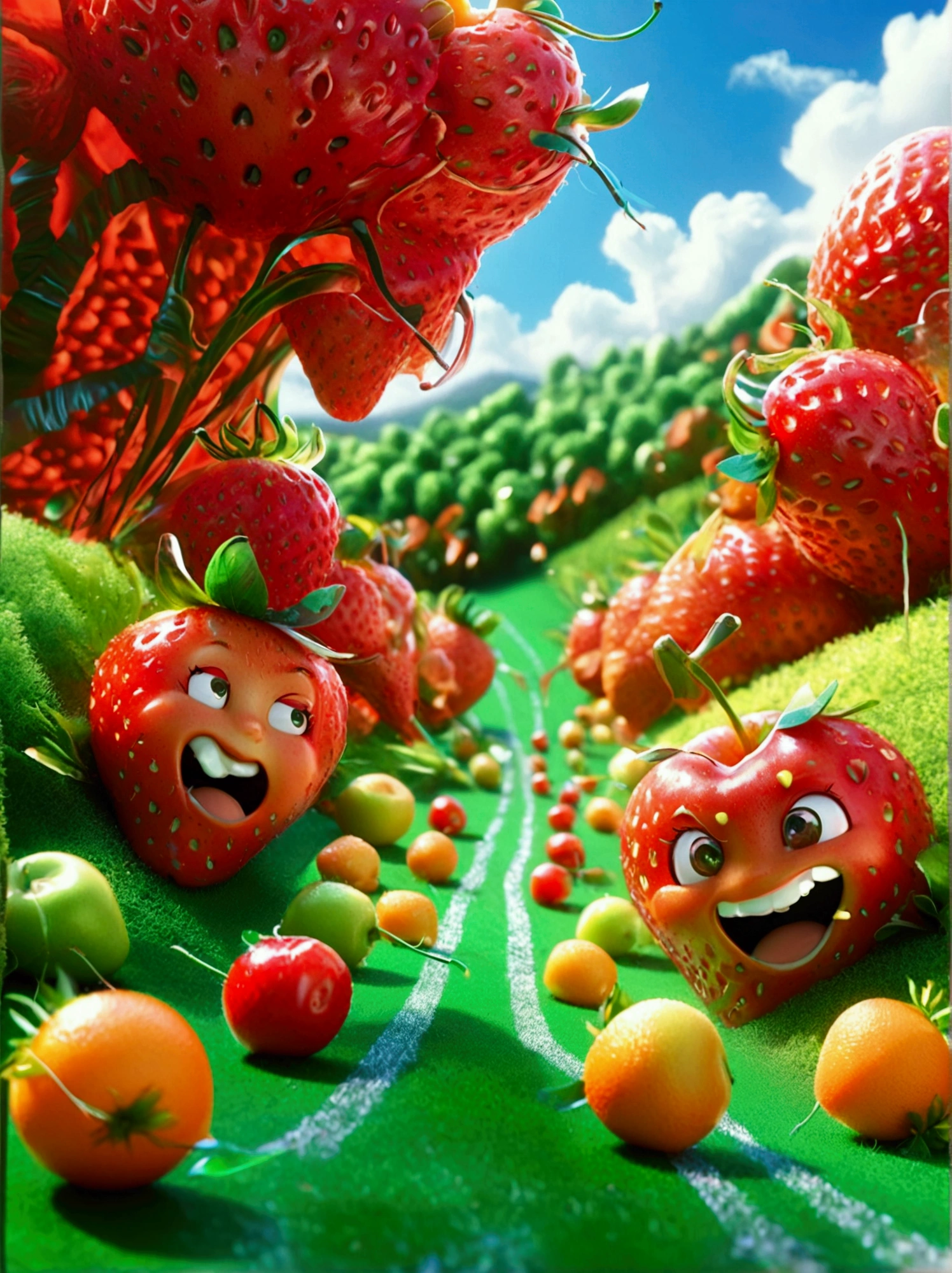 A humorous illustration depicting the concept of competition。A red strawberry and a green apple rolled down the hill，Running like crazy，There is a finish line tape at the bottom of the hill。Strawberry&#39;s facial expression is exaggerated，Demonstrated strong determination and competitive spirit。A group of fruit lovers，Such as bananas、Cherries and oranges，Watching the game eagerly，Cheering and waving flags on the sidelines。Background is a sunny day，The sky is blue，White clouds。The scene is playful and exaggerated，Emphasizes the humor and lightness of the scene。