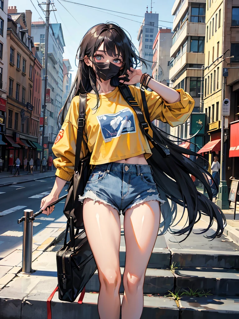 long hair,wear denim shorts,city, absurdity, a high resolution,ultra-sharp,8 Kšedevr, I look at the viewer