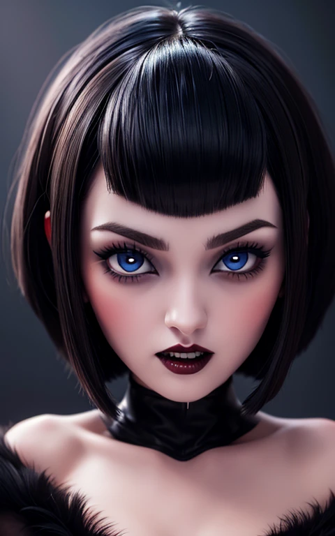 Mavis Dracula closeup, black fur, bobcut,big blue eyes, voluminous red lips perfectly detailed face and very pretty body , slender, abundant breasts,gothic makeup, growling, showing teeth ,Nswf