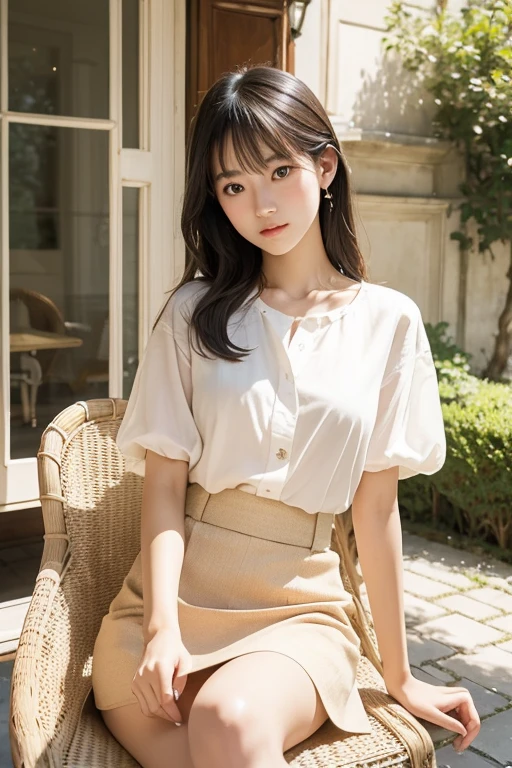 Very beautiful Japanese woman、Around 20 years old、layered cut、Sitting on a wicker chair、Scornful expression、Crossing your legs、stylish、Stylish white blouse and beige skirt、Afternoon terrace of a French mansion、The sunlight illuminates the surrounding landscape in pure white.、Professional photos with attention to detail、Photorealistic、Highest quality