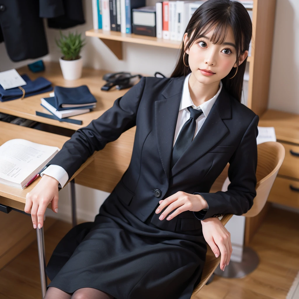 woman１people々、woman警察官、紺色のwoman警察官、woman警察官の制帽、Uniform Buttons、Collared shirt、Black tie、Navy blue pencil skirt、Black Pantyhose、Uniform jacket、Black pumps、White gloves