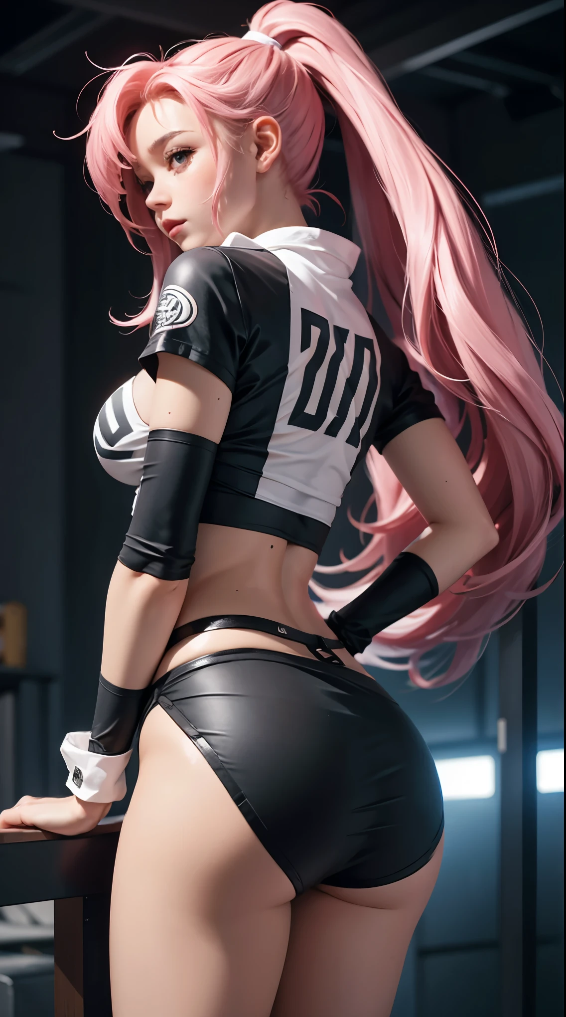 Tight underboob t shirt, tight leggings, hair pink, double ponytail,long hair, big ass, perfect breast, beautiful, sexy, slim, cute, highly detailed, deep focused image, realistic full-lenght photo