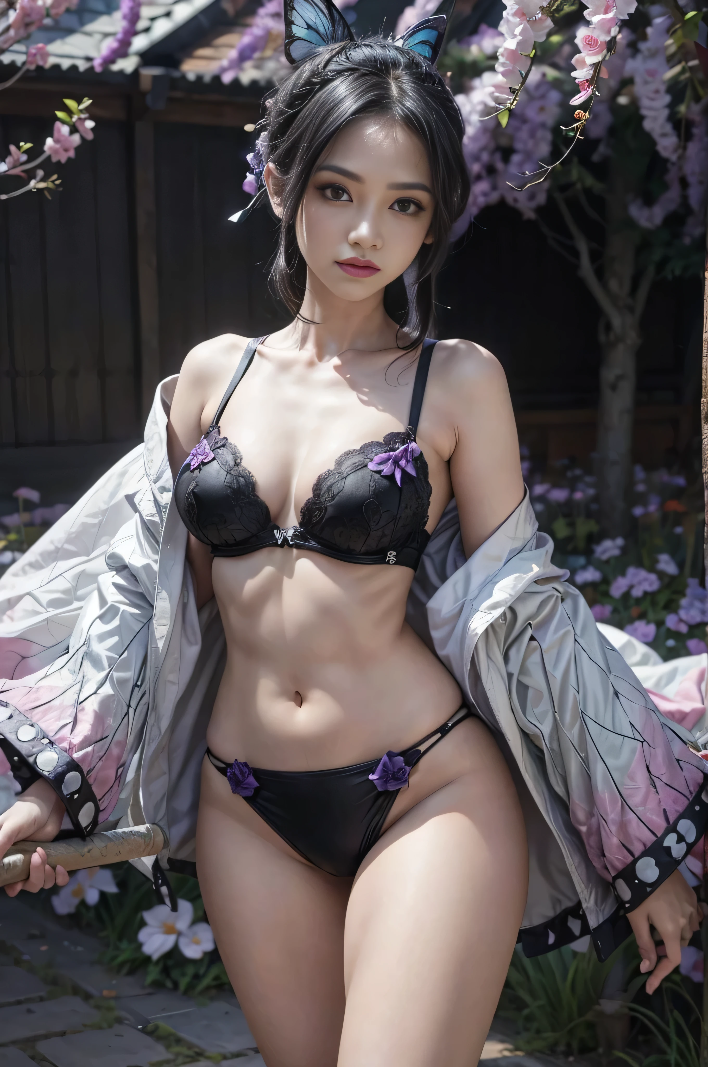 Ultra-realistic 8kCG,tmasterpiece,((hyper detailed background,delicate patterns,intricate-detail)),best qualtiy,extremely detailed man,extremely detailed eye and face,extremely detailed eye,kochou shinobu,O cabelo multicolorido,No bangs,Hair intake,Black eye,Cap,Black shirt,Black panties,(The bikini),butterflys,Strip Strip,(Trepical Garden:1.2),purple flower,Mostly cloudy sky,rays of sunshine,Tyndall effect,gradient_Heaven,faceeautiful sky,Saber on the waist,enchanting posture,(large full breasts:1.3),(cleaveage:1.3),(Off-the-shoulder costumes:1.5),ssmile, Appearance from behind, butt sticks out, big breast