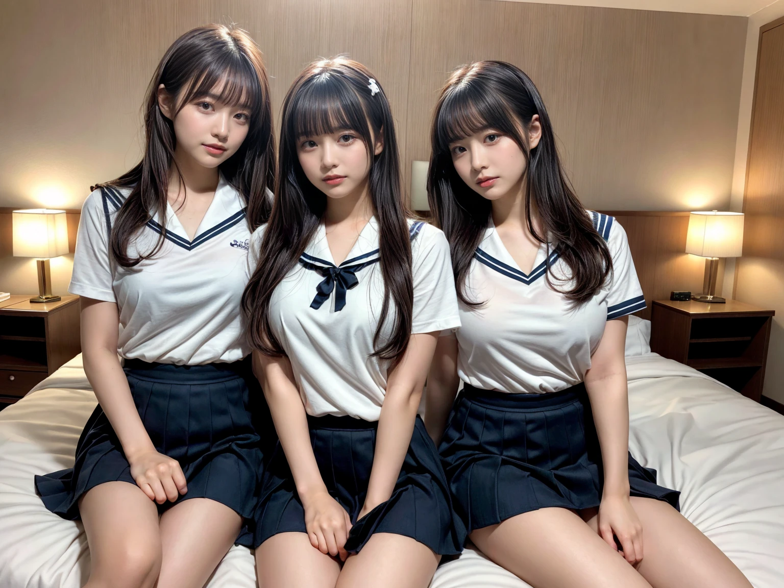 masterpiece, best quality, illustration, Super detailed, fine details, High resolution, 8K,wall paper, perfect dynamic composition,(Details High quality, realistic depiction of eyes:1.3), (3 girls), Black Sailor Uniform, serafuku, Navy pleated skirt, sitting, open legs, short bob hair, in a hotel room in the background, deep on field, large breasts, black hair color, Big Natural Color Lip, (perfect body shape), crying a little、Harajuku style、20 year old girl、cute type、beautiful legs, Gravure Idol