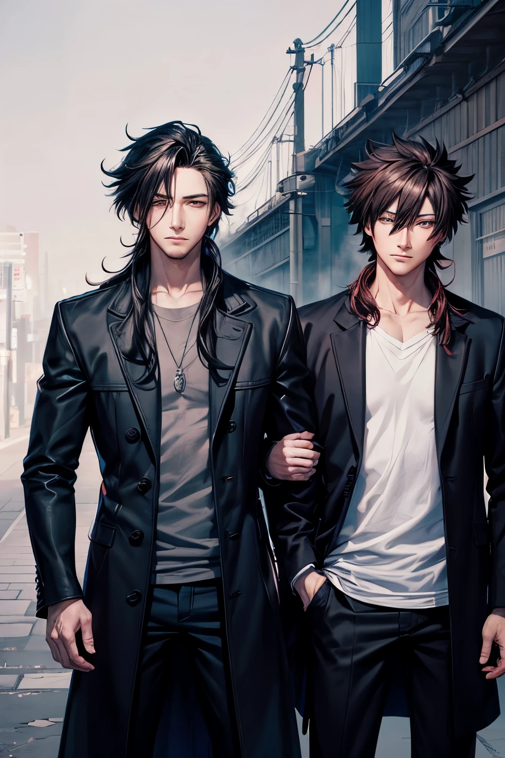 anime styling, inking, drawning, 2d, stark, man couple, 2 men,incredible quality, Excellent quality, bonitas, one with long loose hair, blackw,rot, wearing pants and open shirt, wearing overcoat, slightly-smile, looking at viewer, artistry, scribbles, imagem HD
