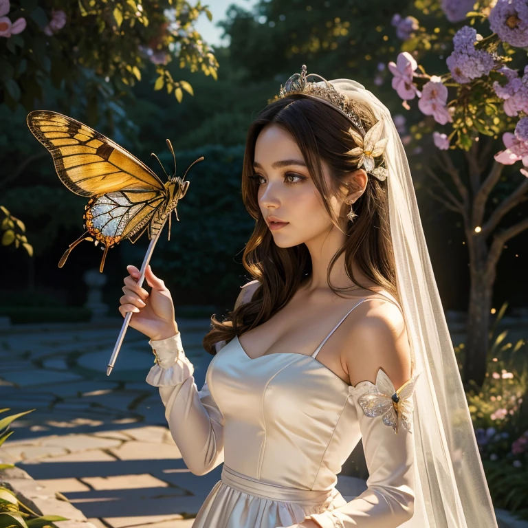 (masterpiece, best quality:1.5), highest quality, High resolution, super detailed, Realists, Upper body photo of a brunette young magical girl, detailed and beautiful eyes, beautiful detailed lips, very detailed eyes and face, longeyelashes, white satin wedding dress, Holding a magic wand in your hand, Cast a transformation spell, With her magic wand she turns wasps into butterflies, Glowing wands available,Beautiful and colorful makeup, elegant and noble々The jewelry bag, Gardens as background, soft daylight, bright colors, fine brushstrokes, Portrait style, Silk dress fabric, beautiful color palette, glowing skin, First-class rendering, that captures every detail, enchanting atmosphere, subtle shadows and lights, (perfect anatomy:1.2), (The stunning magical girl in a wedding dress turns wasps into butterflies. (a transformation with the magic wand:1.4), (magnificent panorama view:1.2)