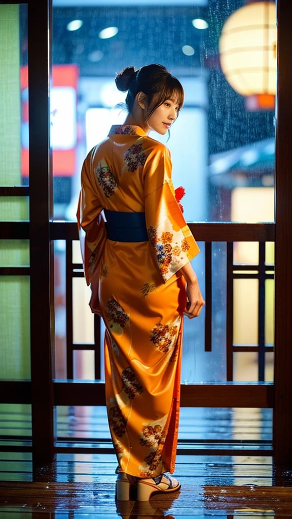(((best quality))),(((ultra detailed))),(((masterpiece))),illustration,((1 beautiful Japannese girl,solo)),((slim,thin)),((shoulder off,strapless,bare back,towering hips,butt crack)),(in izakaya:1.3),(summer:1.2),(rainy:1.3),(indoor:1.2),(night scene:1.3),(wet:1.3),(orange floral kimono:1.3),neat bun,porcelain skin,rouge,dimly lit,warm glow,ethereal,(standing beside the table:1.3),sake bottle,half-empty glass,tray,grilled fish,steamed vegetables,half-eaten,melancholic smile,storm,solitude,enigmatic aura,tranquility,chaos,simplicity,mysterious,captivating,((from back,upper body))