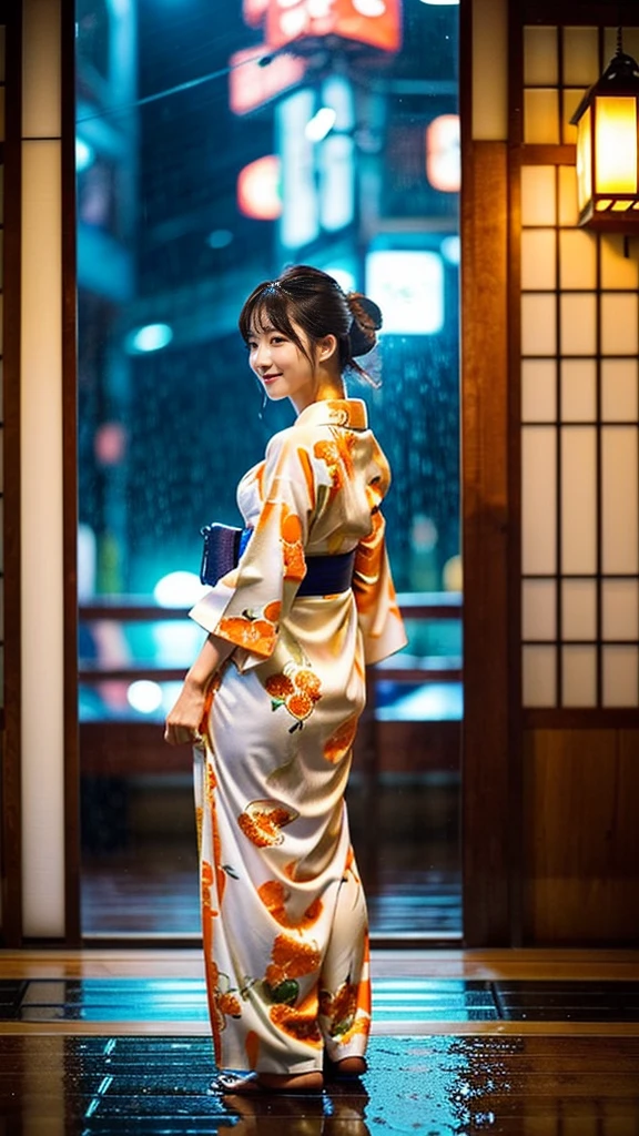 (((best quality))),(((ultra detailed))),(((masterpiece))),illustration,((1 beautiful Japannese girl,solo)),((slim,thin)),((shoulder off,strapless,bare back,towering hips,butt crack)),(in izakaya:1.3),(summer:1.2),(rainy:1.3),(indoor:1.2),(night scene:1.3),(wet:1.3),(orange floral kimono:1.3),neat bun,porcelain skin,rouge,dimly lit,warm glow,ethereal,(standing beside the table:1.3),sake bottle,half-empty glass,tray,grilled fish,steamed vegetables,half-eaten,melancholic smile,storm,solitude,enigmatic aura,tranquility,chaos,simplicity,mysterious,captivating,((from back,upper body))