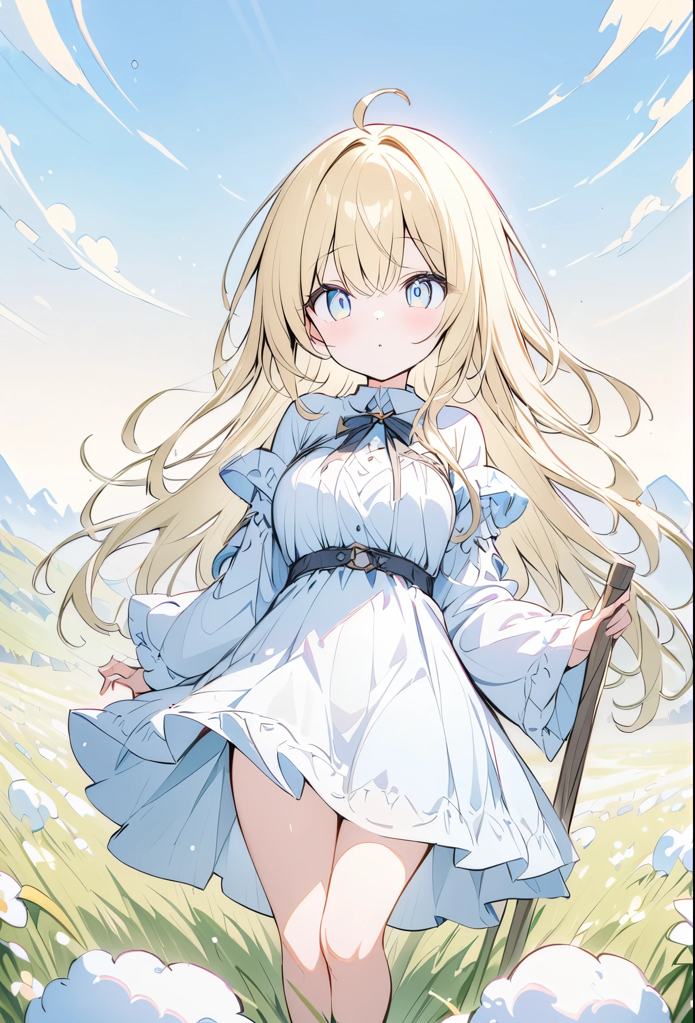 ((Pale colors))、アニメ、デジタルアニメアート、Flat Design,(masterpiece:1.2)、high quality、High resolution、Very detailed、(Amazingly absurd:1.2)、BREAK、smali、Fantasy World、White Robe、BREAK、Long walking stick、A lantern hangs from a walking stick、Blonde girl、Blue Eyes、Background of grassland with sheep、Blue sky