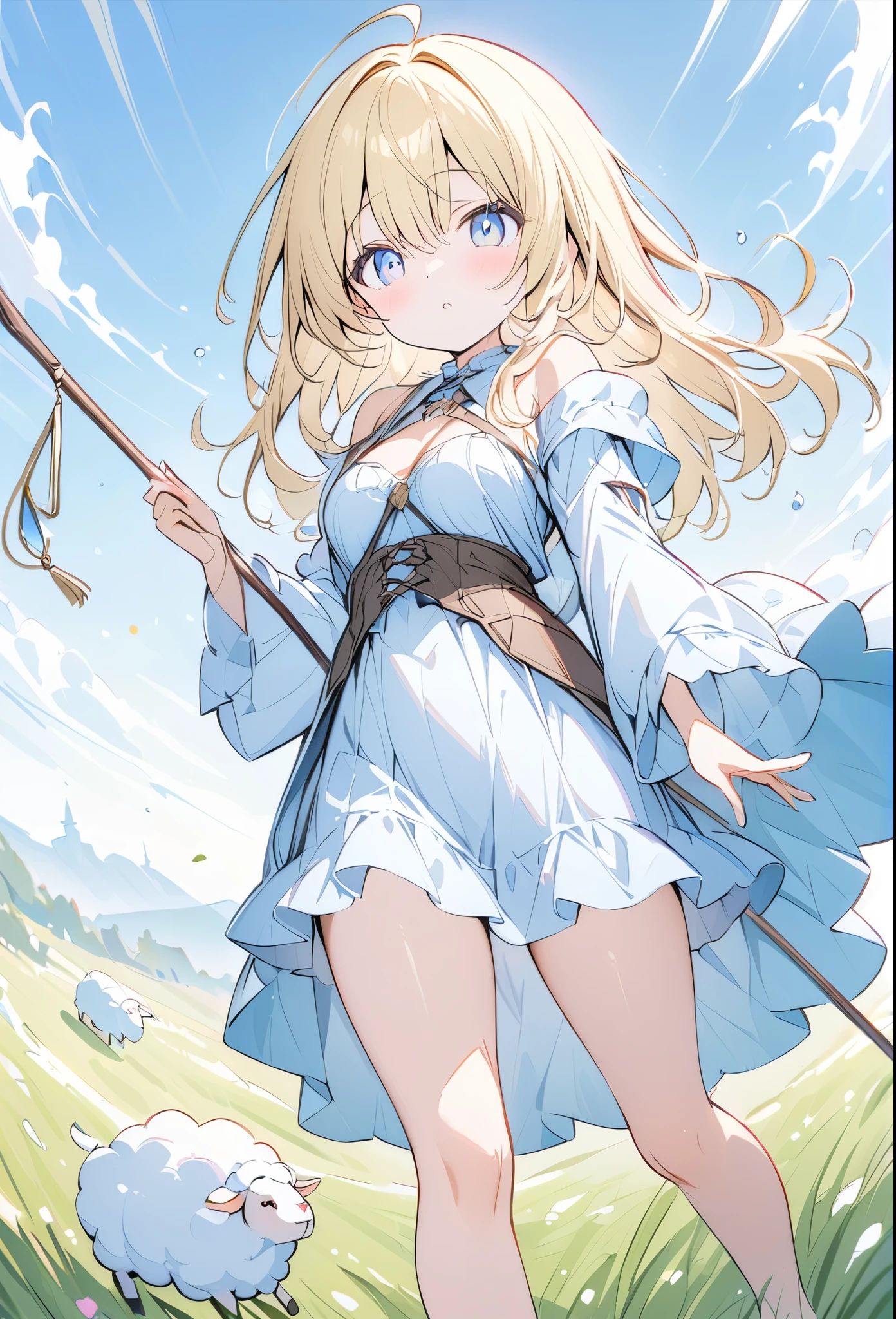 ((Pale colors))、アニメ、デジタルアニメアート、Flat Design,(masterpiece:1.2)、high quality、High resolution、Very detailed、(Amazingly absurd:1.2)、BREAK、smali、Fantasy World、White Robe、BREAK、Long walking stick、A lantern hangs from a walking stick、Blonde girl、Blue Eyes、Background of grassland with sheep、Blue sky