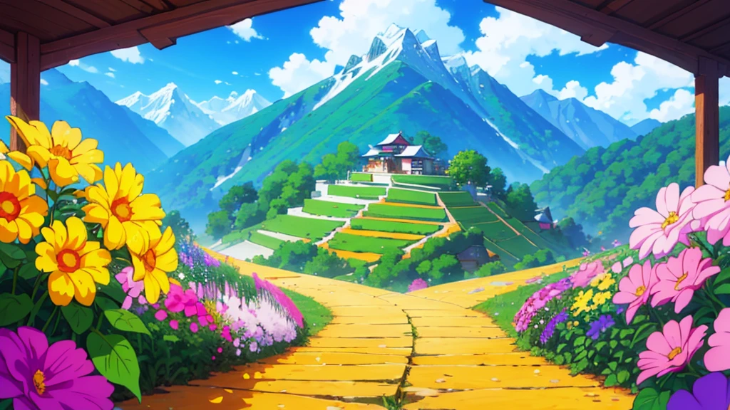 Draw a simple anime art scene of a yellow Volkswagen van on a steep path full of colorful flowers, Dark, bonfire, magnificent Himalayan mountain range visible on the side, pinkish orange cloudy sky, no humans, vibrant color tones,