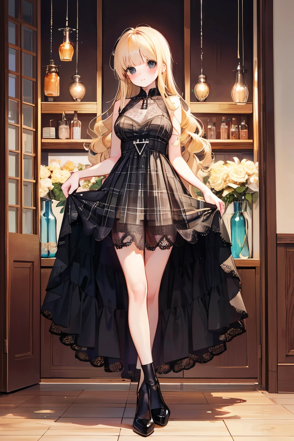 girl,cute,(blonde:1.2),(long hair with curls:1.2),(With bangs),(Eye size:1.5),(Plaid dress:1.3),(dress with lots of lace:1.35),(blush:1.2),(girl in glass bottle:1.4),(NSFW),(whole body:1.5)