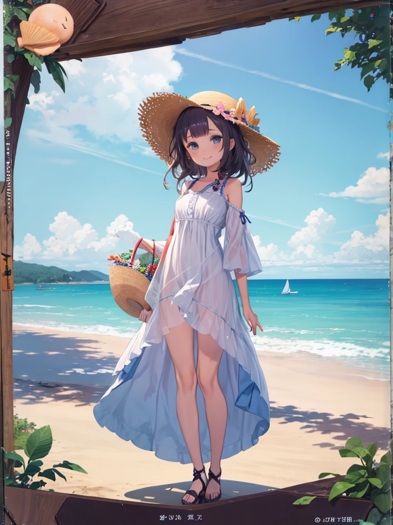 One Girl、Sandy Beach、Standing on the shore、With a shell、Smiling、Summer landscape、blue sky、Straw hat、