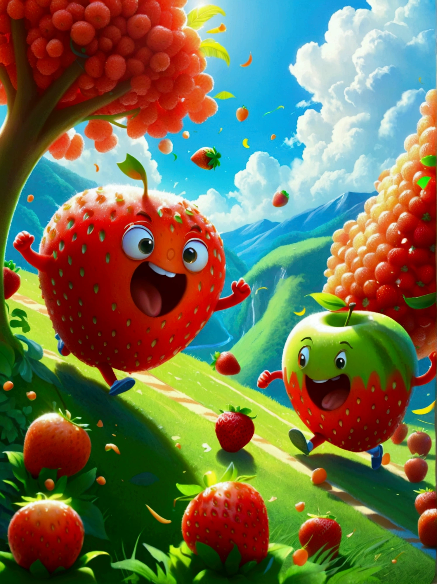 A humorous illustration depicting the concept of competition。A red strawberry and a green apple rolled down the hill，Running like crazy，There is a finish line tape at the bottom of the hill。Strawberry&#39;s facial expression is exaggerated，Demonstrated strong determination and competitive spirit。A group of fruit lovers，Such as bananas、Cherries and oranges，Watching the game eagerly，Cheering and waving flags on the sidelines。Background is a sunny day，The sky is blue，White clouds。The scene is playful and exaggerated，Emphasizes the humor and lightness of the scene。