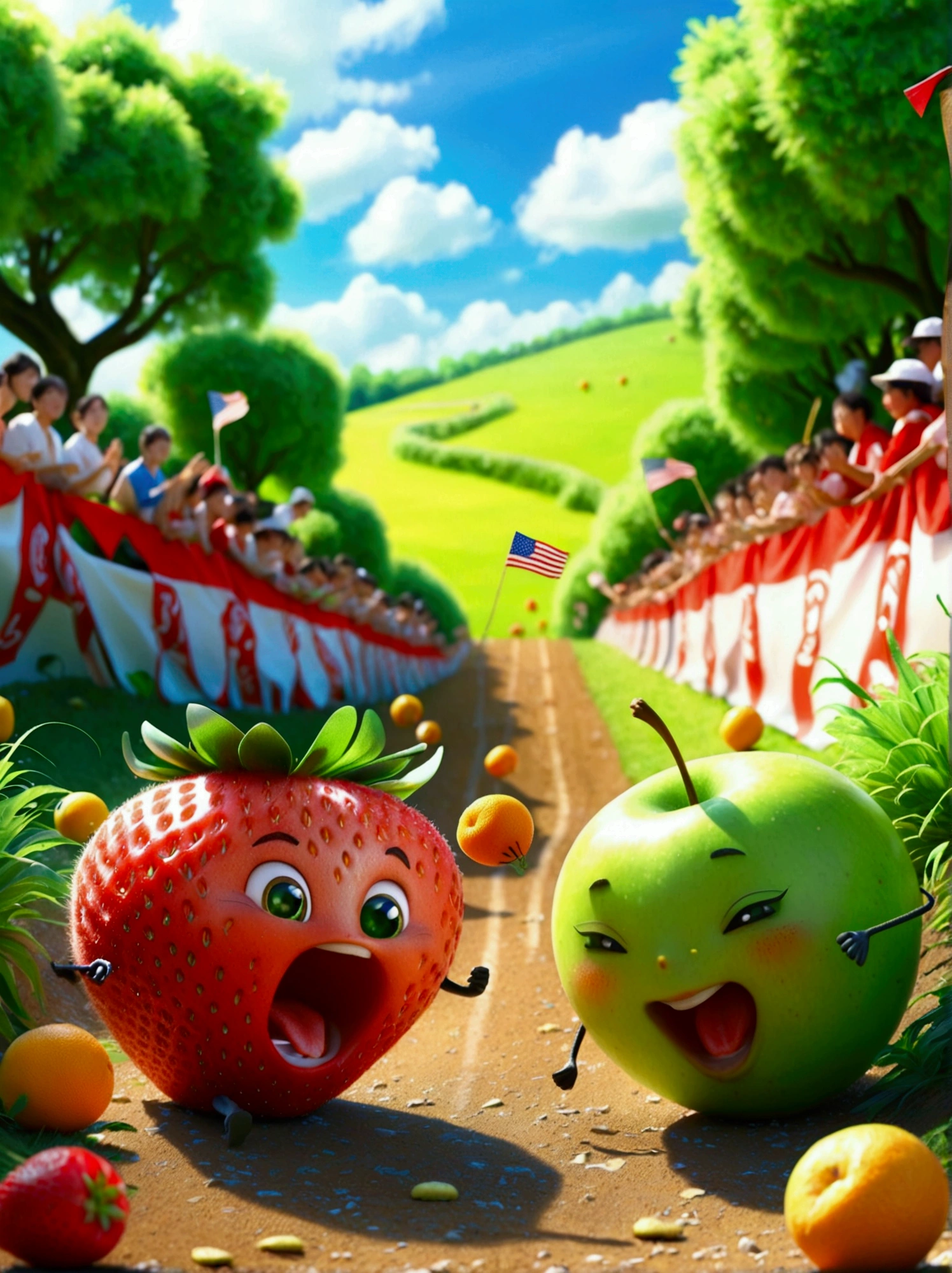 A humorous illustration depicting the concept of competition。A red strawberry and a green apple rolled down the hill，Running like crazy，There is a finish line tape at the bottom of the hill。Strawberry&#39;s facial expression is exaggerated，Demonstrated strong determination and competitive spirit。A group of fruit lovers，Such as bananas、Cherries and oranges，Watching the game eagerly，Cheering and waving flags on the sidelines。Background is a sunny day，The sky is blue，White clouds。The scene is playful and exaggerated，Emphasizes the humor and lightness of the scene。