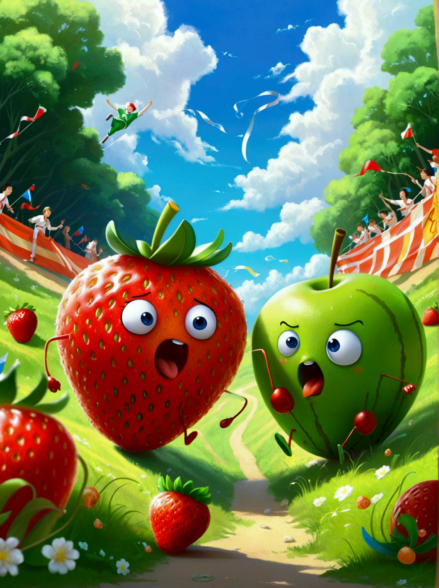 A humorous illustration depicting the concept of competition。A red strawberry and a green apple rolled down the hill，Running like crazy，There is a finish line tape at the bottom of the hill。Strawberry&#39;s facial expression is exaggerated，Demonstrated strong determination and competitive spirit。A group of fruit lovers，Such as bananas、Cherries and oranges，Watching the game eagerly，Cheering and waving flags on the sidelines。Background is a sunny day，The sky is blue，White clouds。The scene is playful and exaggerated，Emphasizes the humor and lightness of the scene。