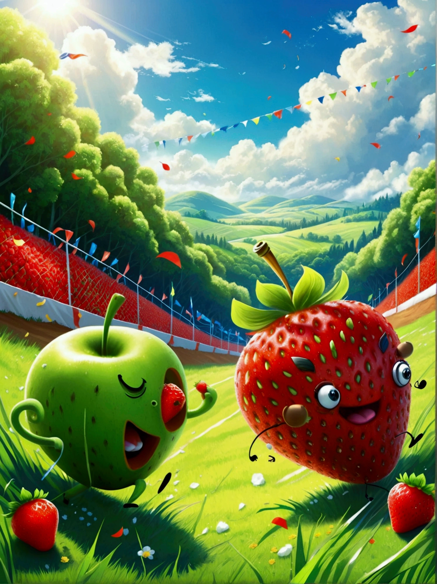 A humorous illustration depicting the concept of competition。A red strawberry and a green apple rolled down the hill，Running like crazy，There is a finish line tape at the bottom of the hill。Strawberry&#39;s facial expression is exaggerated，Demonstrated strong determination and competitive spirit。A group of fruit lovers，Such as bananas、Cherries and oranges，Watching the game eagerly，Cheering and waving flags on the sidelines。Background is a sunny day，The sky is blue，White clouds。The scene is playful and exaggerated，Emphasizes the humor and lightness of the scene。