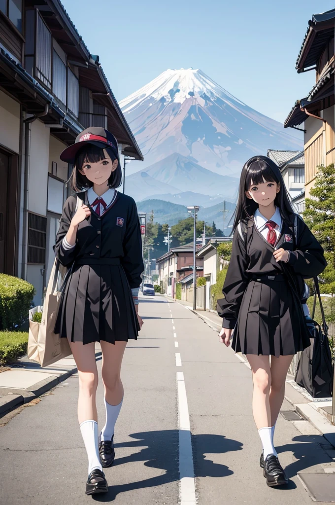 (masterpiece, best quality:1.1),
(8k, best quality, masterpiece, ultra highres, ultra-detailed:1.2),flatcolor,two girls in school-uniforms walking down the street, two japanese schoolgirls posing, seifuku,japanese, japan travel aesthetic, mount fuji in the background, japanese live-action movie, anime style mixed with fujifilm, high school girls, Illustration by okama,