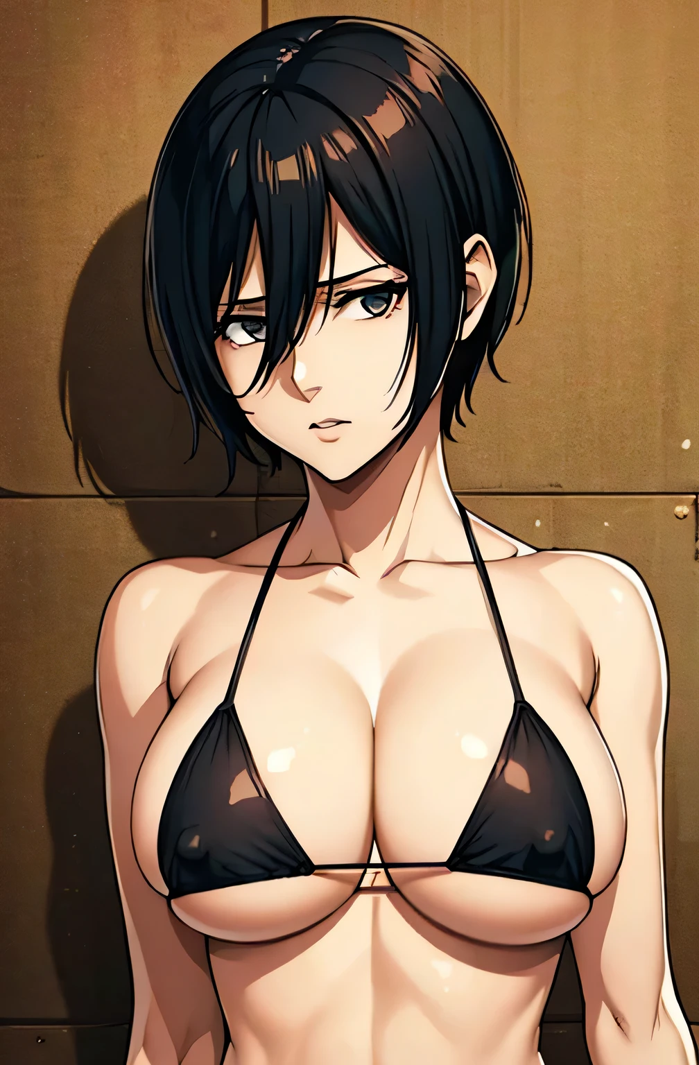 masterpiece,best quality,1girl,,mikasa ackerman,short hair between eyes,((wearing black mini bikini)), (( Perfect eyes )) , slender body , slightly muscular ,mature woman,large breasts,l ooking at viewer,short hair , standing front view, large cleavage ( Huge nipples)