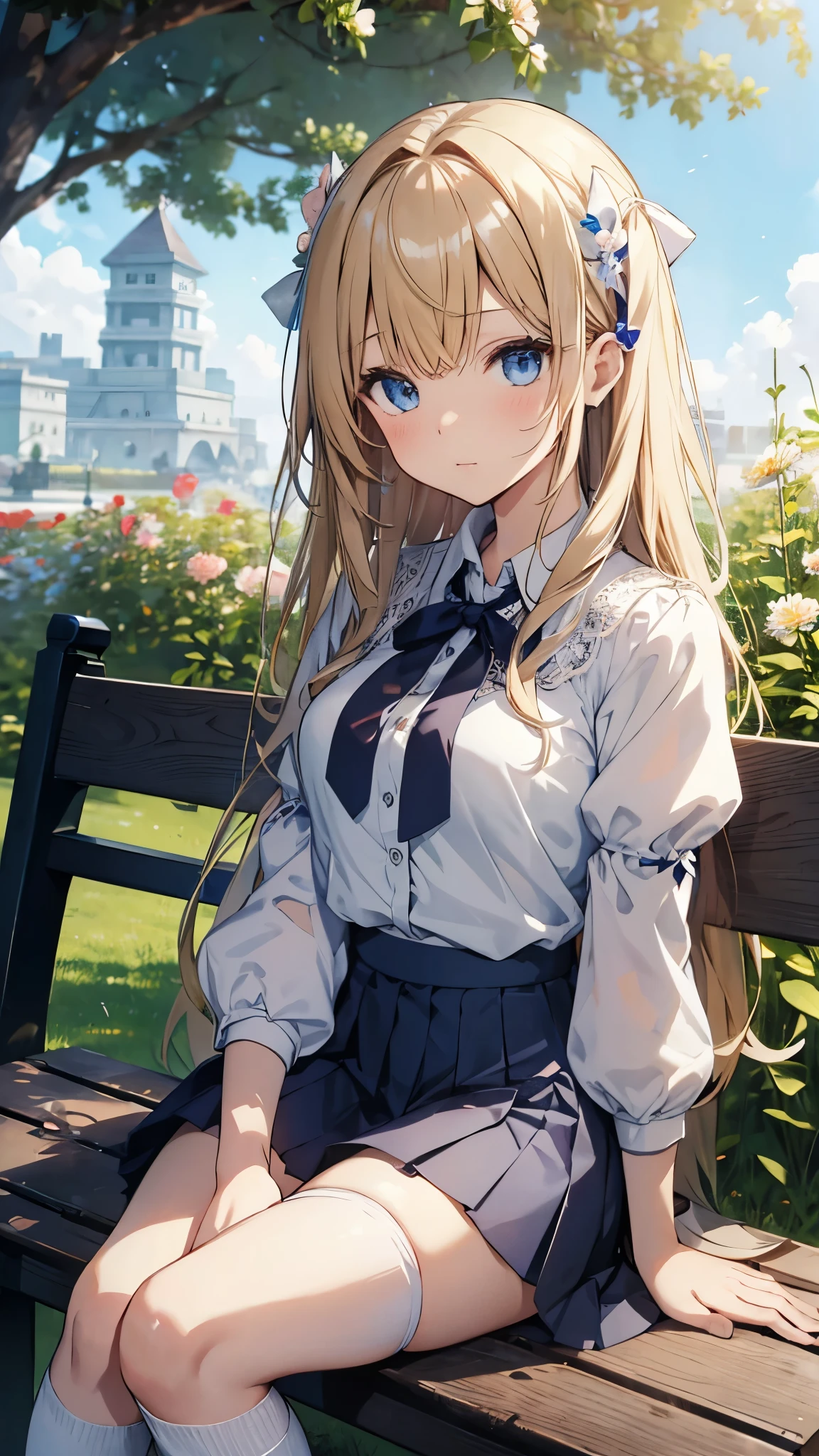 Anime girl sitting on a bench with flowers in the background Masterpiece、Highest quality、detailed、woman: 1 person、blue eyes、blonde、Sheer blouse、Unbuttoned blouse、Pleated skirt、Blue hairpin、Huge 、Huge 、garden、Peace sign with hand、Sit on a chair with your legs open、Bend your knees and spread your legs、White panties、Knee-high socks、Showing panties