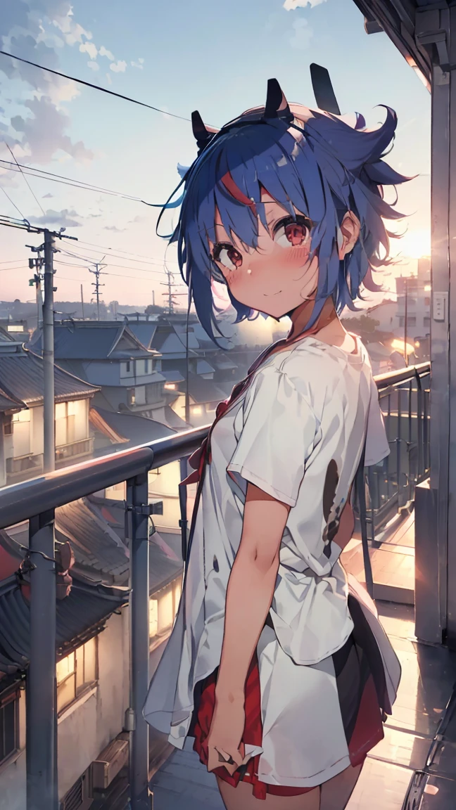masterpiece, Highest quality, High resolution, Very detailed,(((Mikoto Naruka))), (((evening)))、(((laughing。)))、(((Standing in the distance))), (((Facing forward。))), (((Back view))), (((electric wire))), (((Electric pole))), (((White T-shirt))), (((Balcony))), (((handrail))), (((With the sun in the background))), (((Blushing。)))