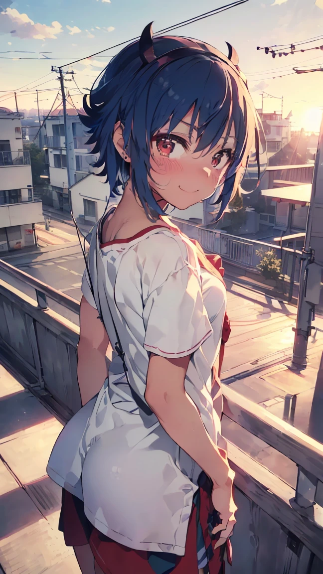 masterpiece, Highest quality, High resolution, Very detailed,(((Mikoto Naruka))), (((evening)))、(((laughing。)))、(((Standing in the distance))), (((Facing forward。))), (((Back view))), (((electric wire))), (((Electric pole))), (((White T-shirt))), (((Balcony))), (((handrail))), (((With the sun in the background))), (((Blushing。)))