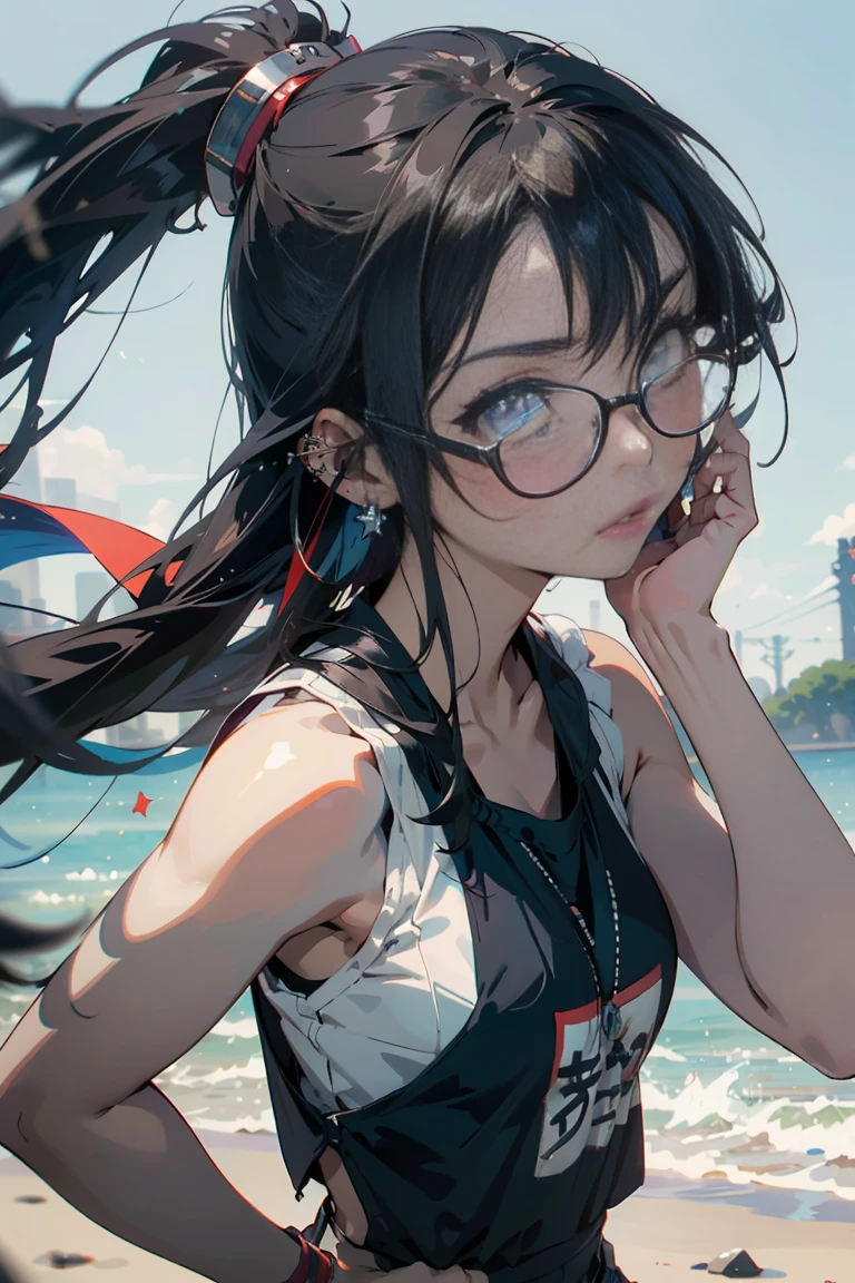((masterpiece)), ((Best quality)), ((Anime Avatar Style)), a 20 year old girl, ((light blue eyes)), ((ideal)), ((Round clear glasses)) , eyebrow, nose, ear, ((ear piercing)), mouth, ((Long black hair - )), neck, shoulder,, ((singlet)), ((shorts)), ((брюки noseки )), (neck chain), background landscape