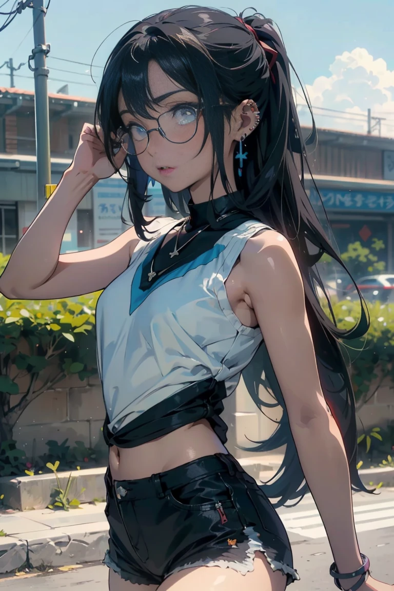 ((masterpiece)), ((Best quality)), ((Anime Avatar Style)), a 20 year old girl, ((light blue eyes)), ((ideal)), ((Round clear glasses)) , eyebrow, nose, ear, ((ear piercing)), mouth, ((Long black hair - )), neck, shoulder,, ((singlet)), ((shorts)), ((брюки noseки )), (neck chain), background landscape