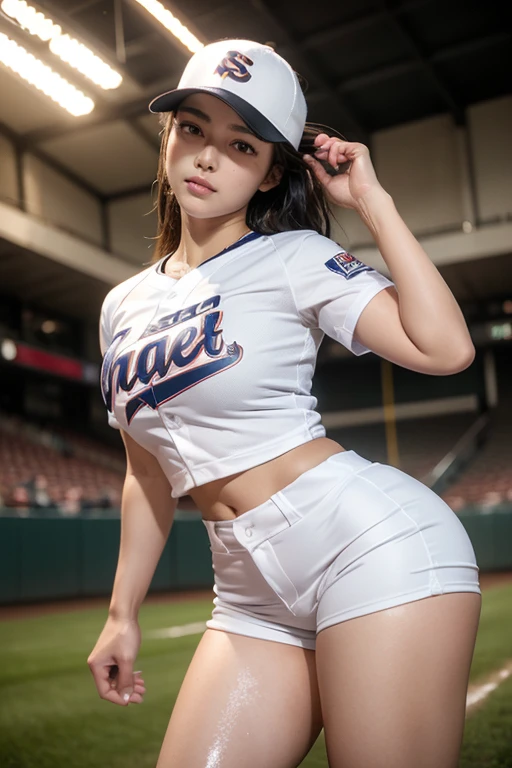 (Highest quality,8k,High resolution,Masseter muscle area:1.2),Very detailed,((Pitcher 1 before pitching.2)),Portraiture,Dynamic Angle,((Shiny skin 1.5)),Women's Softball Players,((Sweatだく1.5)),Wearing a baseball cap,cute,sporty,Attractive face,((Short sleeve baseball uniform,Shorts 1.3)),Beauty Face,Extremely realistic skin,Wet Skin,Sweat,Large Breasts,Tight waist,Beautiful legs ,((Thighs)),sporty,Baseball Stadium,Cinema Lighting,
