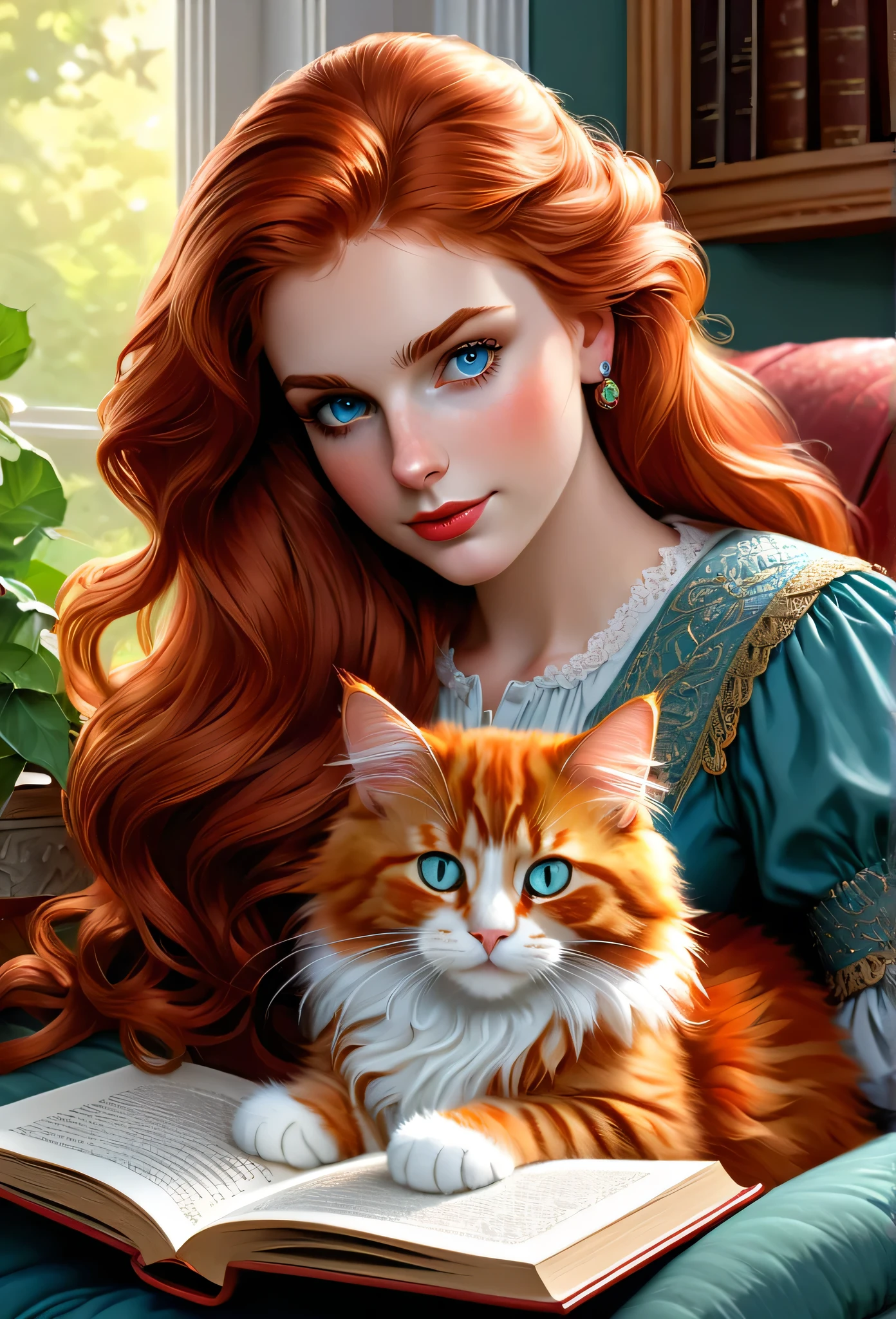 red-haired girl [Elizabeth II:Maude Adams:0.45] with her full sized  red mainecoon cat, (best quality, masterpieces, ultra-detailed), beautiful detailed eyes, beautiful detailed lips, longeyelashes, vibrant colors, illustrative style, oil painting texture, flowing red hair, she is reading a book at her cozy reading nook, while her mainecoon cat is sleeping on her lap, cluterry on the shelf, books and amenities, soft sunlight, lively expression, joyful interaction with the cat, dynamic pose, realistic rendering.