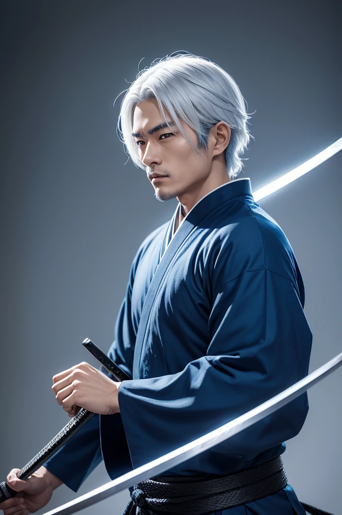 Japanese swordsman using a katana with blue details and black and blue clothing with white hair