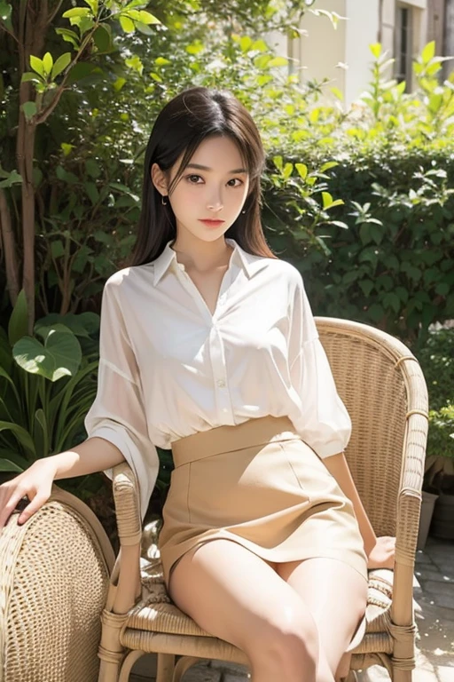 Very beautiful Japanese woman、Around 20 years old、layered cut、Sitting on a wicker chair、Scornful expression、Crossing your legs、stylish、A stylish white blouse and a short beige skirt、Afternoon terrace of a French mansion、The sunlight illuminates the surrounding landscape in pure white.、french movie style、Professional photos with attention to detail、Photorealistic、Highest quality