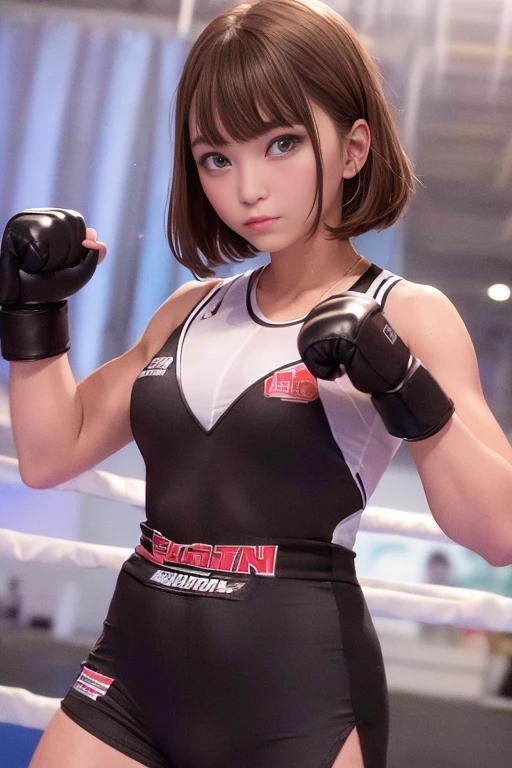 (Boxing uniform、Boxing Costumes、Boxing Cosplay、Boxing Attire、boxing costume)、A girl standing in a boxing ring、Medium breast、Bob Hair、masterpiece:1.3、Raw photo、Highest quality、Highest quality、Detailed image quality、Detailed Background、He has gloves on both hands.、