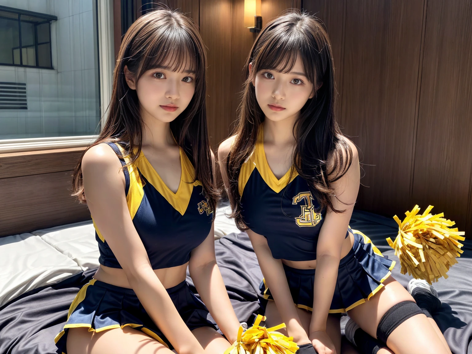 masterpiece, best quality, illustration, Super detailed, fine details, High resolution, 8K,wall paper, perfect dynamic composition,(Details High quality, realistic depiction of eyes:1.3), (3 girls), BREAK (cheerleader uniform with yellow as basic color:1.3), (holding a yellow pompoms in hand:1.4), (sleeveless yellow tunic with baseball team logo:1.4), yellow tops, (bold V-neck:1.3), ((Blue lines, black lines) on tops:1.3), ((fit and flare, A-line):1.3), (A-line yellow rah-rah skirt:1.3), mini skirt, (black socks:1.3), (sports shoes:1.2), sitting, open legs, short bob hair, in a hotel room in the background, deep on field, large breasts, black hair color, Big Natural Color Lip, (perfect body shape), crying a little、Harajuku style、20 year old girl、cute type、beautiful legs, Gravure Idol