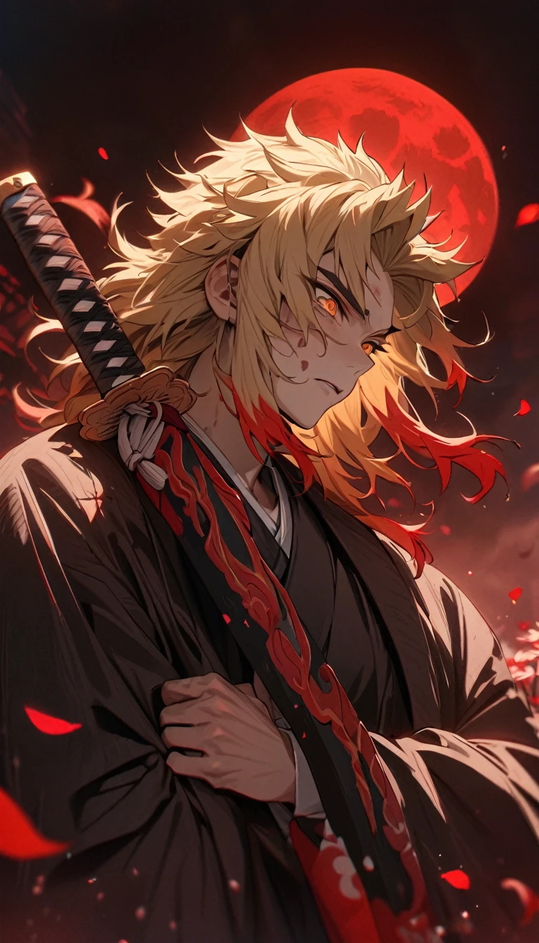 Absurd, High resolution, Super detailed, High resolution, masterpiece, Highest quality, Rengoku Kyojuro grabbing a katana, Medium blonde hair with red streaks, Expressive orange eyes, Kimetsu no Yaiba, 1 person, good looking, Red petals, red lily, Red Moon, inflammation