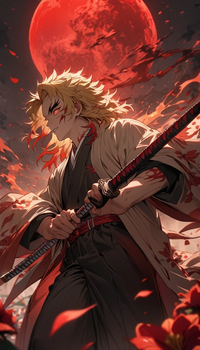 Absurd, High resolution, Super detailed, High resolution, masterpiece, Highest quality, Rengoku Kyojuro grabbing a katana, Medium blonde hair with red streaks, Expressive orange eyes, Kimetsu no Yaiba, 1 person, good looking, Red petals, red lily, Red Moon, inflammation
