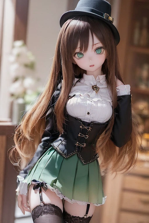 (SFW:2), photorealistic, realistic photo, 8k, ((highest quality)), ((masterpiece)), (extremely detailed), kukolnydom, doll, (mature woman, 21yo, 21 years old, solo:1.6), ((cowboy shot, standing, head tilt, slim, slender, skinny, medium breasts, bowler hat, ascot, corset dress, blouse, long puff sleeves, thighhigh socks)), (green eyes, brown hair, long hair, plastic skin, looking at another, glass eyes, gradient eyes, shining eyes, detailed eyes:1.3)