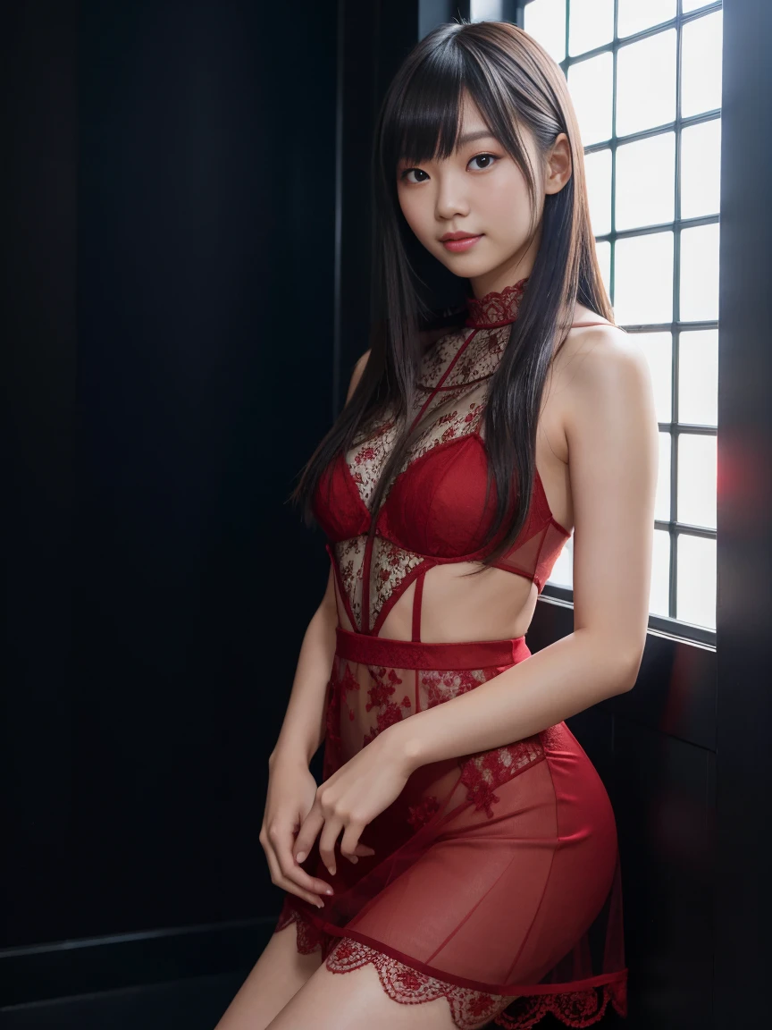 young japanese  female model, 20 years old, short height, long brunette hair, super long bangs hairstyle, blue eyes, 16k resolution, highly detailed, Hyperrealism, cinematic lighting, bokeh, masterpiece, UHD, textured skin, super detail, high details, high quality, award winning, best quality, highres, wearing black and red lace gothic dress, red heels, transparent dress, standing against an plain dark background, light smile, full body shot, 