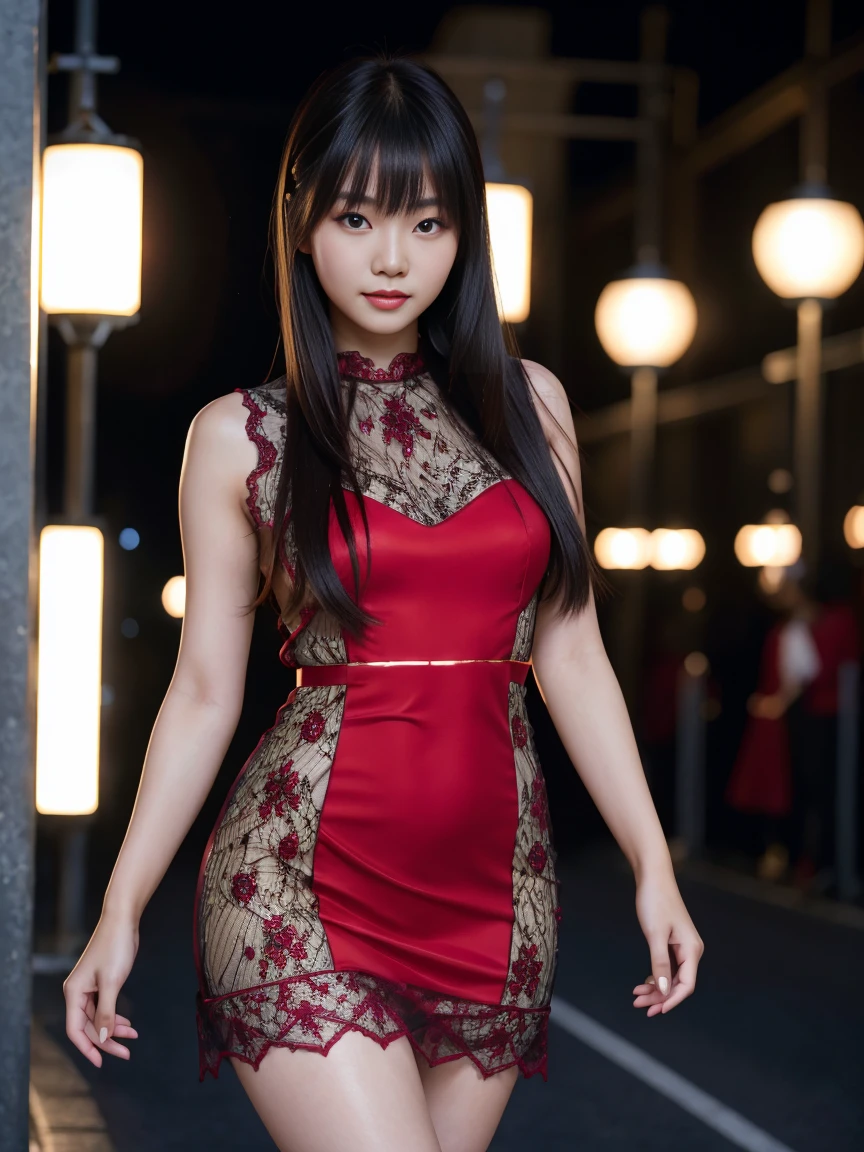 young japanese  female model, 20 years old, short height, long brunette hair, super long bangs hairstyle, blue eyes, 16k resolution, highly detailed, Hyperrealism, cinematic lighting, bokeh, masterpiece, UHD, textured skin, super detail, high details, high quality, award winning, best quality, highres, wearing black and red lace gothic dress, red heels, transparent dress, standing against an plain dark background, light smile, full body shot, 
