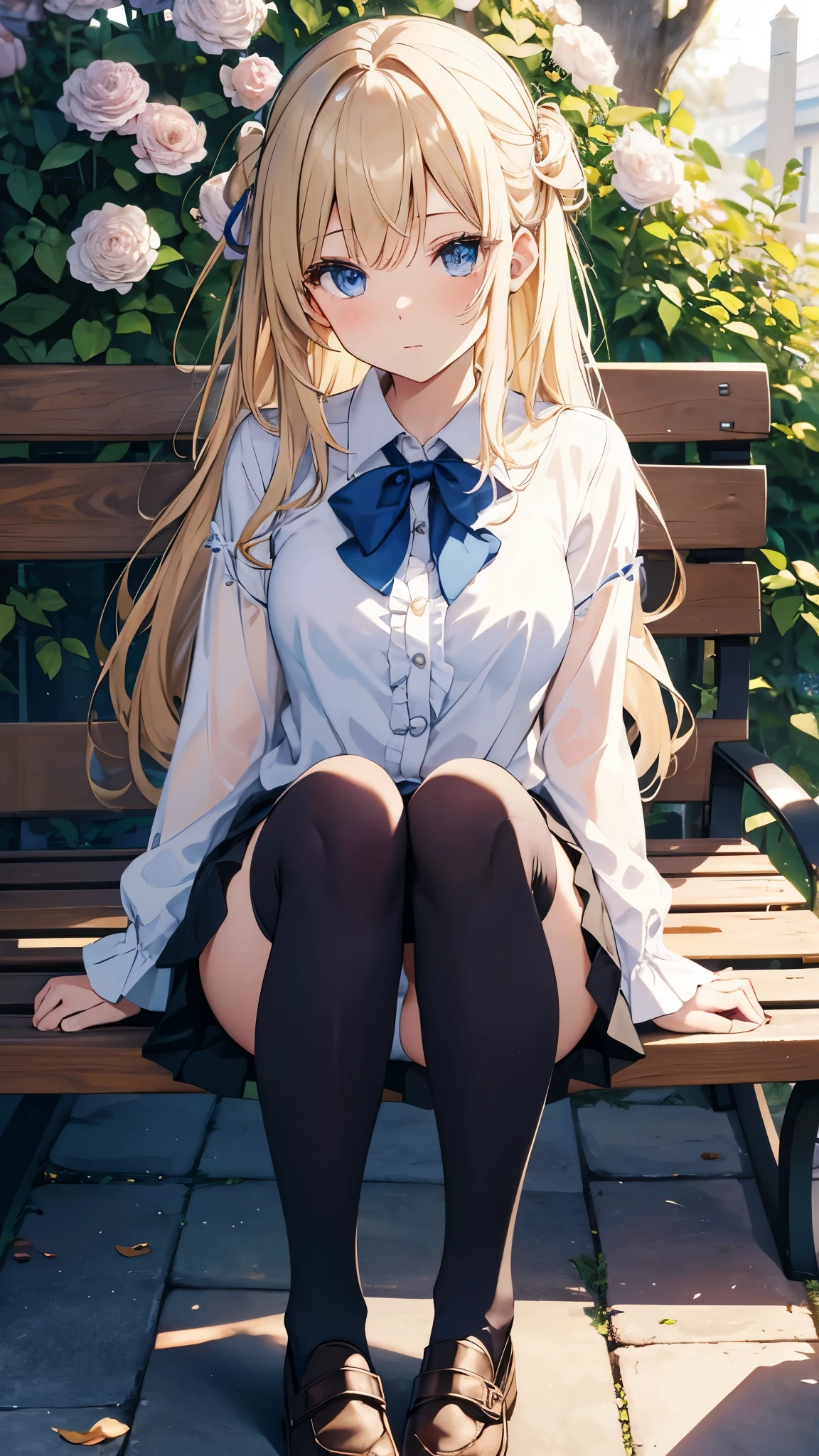 Anime girl sitting on a bench with flowers in the background Masterpiece、Highest quality、detailed、woman: 1 person、blue eyes、blonde、Sheer blouse、Unbuttoned blouse、Pleated skirt、Blue hairpin、Huge 、Huge 、garden、Peace sign with hand、Sit on a chair with your legs open、Bend your knees and spread your legs、White panties、Knee-high socks、Showing panties