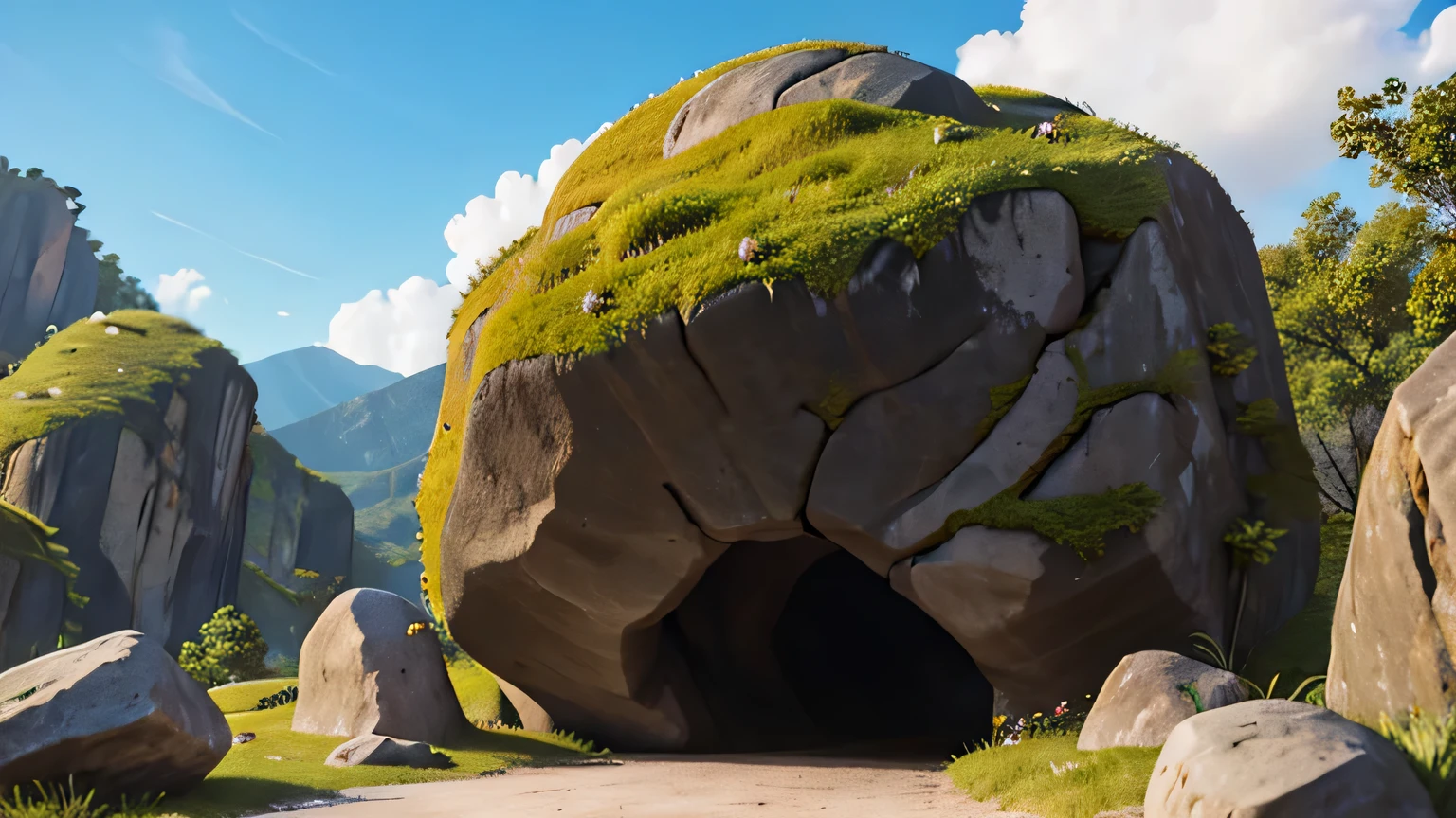 huge boulder blocking the entrance to a cave with rock wall