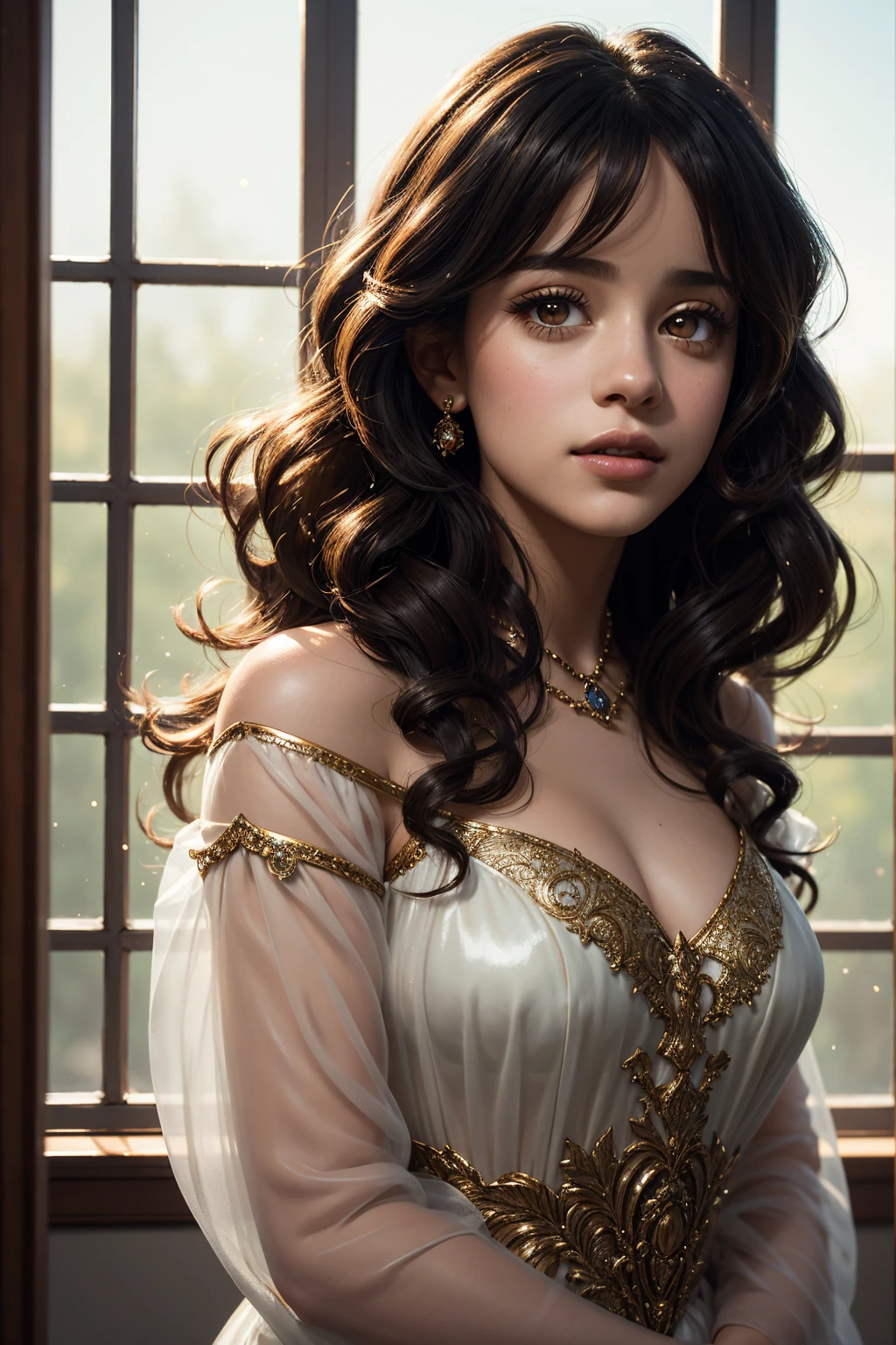 portrait Camila Cabello, wearing tulip costume, against the background of the window, character portrait, 9 3 9 0 s, curly hair, intricate, elegant, highly detailed, digital painting, artstation, concept art, smooth, sharp focus, illustration, art by wlop, charlie bowater and alexandra fomina, 36k, glittering, shining, correct anatomy