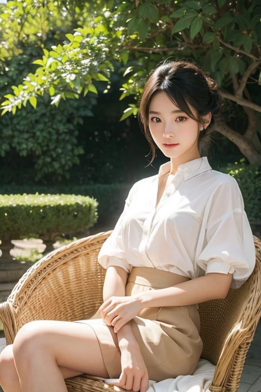 Very beautiful Japanese woman、Around 20 years old、layered cut、Sitting on a wicker chair、Scornful expression、Crossing your legs、stylish、A stylish white blouse and a short beige skirt、Afternoon terrace of a French mansion、The sunlight illuminates the surrounding landscape in pure white.、french movie style、Professional photos with attention to detail、Photorealistic、Highest quality