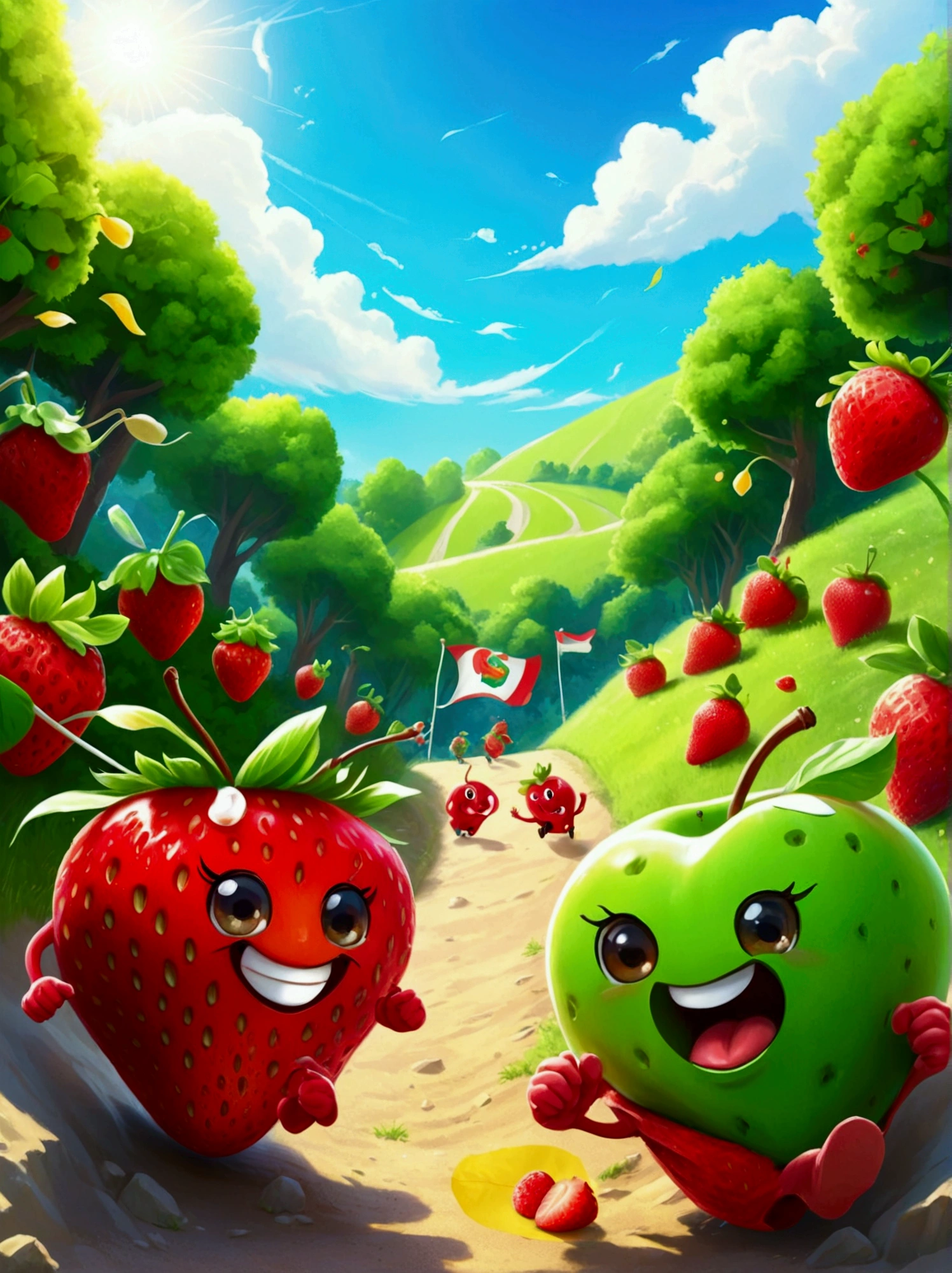 A humorous illustration depicting the concept of competition。A red strawberry and a green apple rolled down the hill，Running like crazy，There is a finish line tape at the bottom of the hill。Strawberry&#39;s facial expression is exaggerated，Demonstrated strong determination and competitive spirit。A group of fruit lovers，Such as bananas、Cherries and oranges，Watching the game eagerly，Cheering and waving flags on the sidelines。Background is a sunny day，The sky is blue，White clouds。The scene is playful and exaggerated，Emphasizes the humor and lightness of the scene。