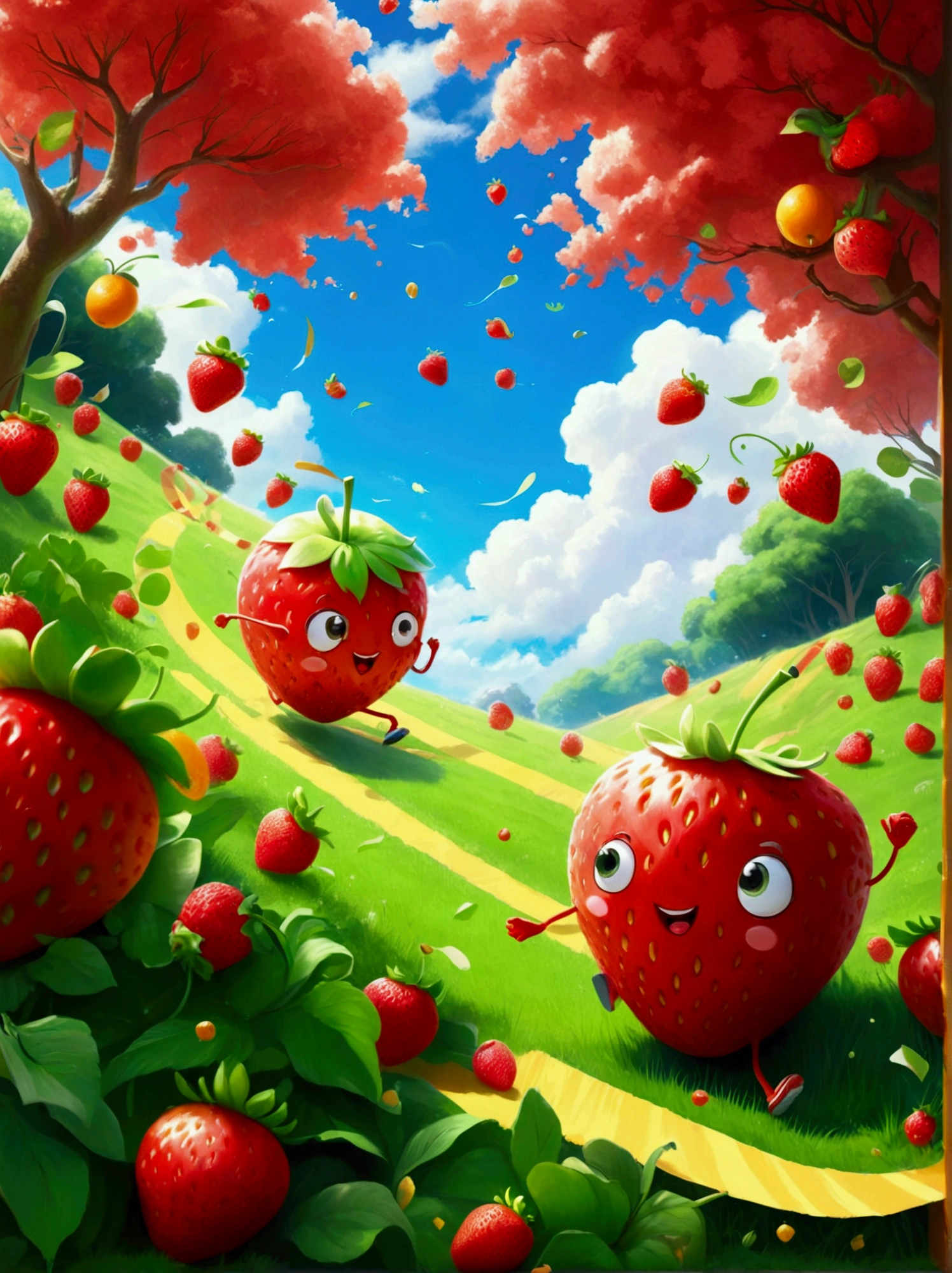 A humorous illustration depicting the concept of competition。A red strawberry and a green apple rolled down the hill，Running like crazy，There is a finish line tape at the bottom of the hill。Strawberry&#39;s facial expression is exaggerated，Demonstrated strong determination and competitive spirit。A group of fruit lovers，Such as bananas、Cherries and oranges，Watching the game eagerly，Cheering and waving flags on the sidelines。Background is a sunny day，The sky is blue，White clouds。The scene is playful and exaggerated，Emphasizes the humor and lightness of the scene。