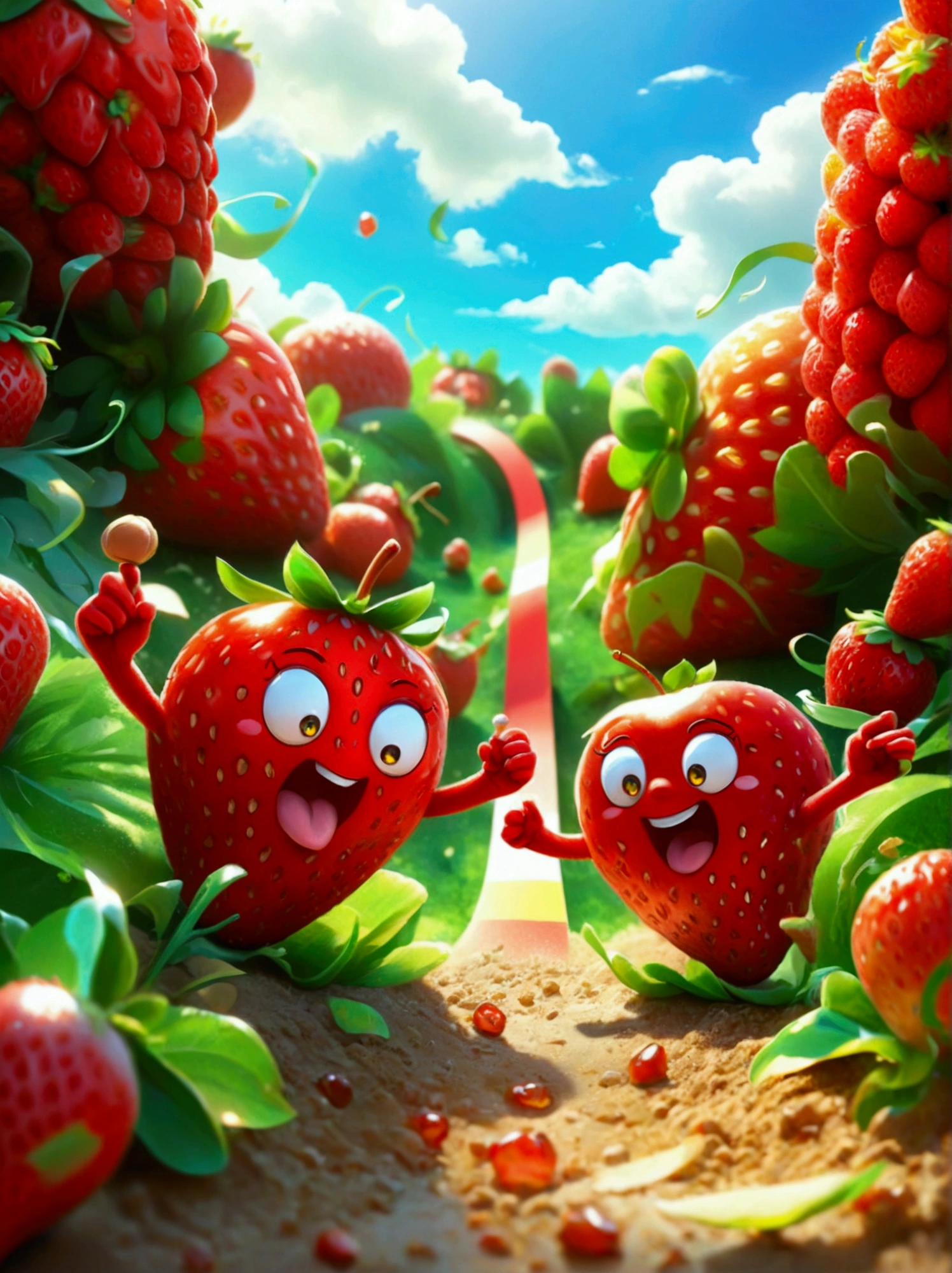 A humorous illustration depicting the concept of competition。A red strawberry and a green apple rolled down the hill，Running like crazy，There is a finish line tape at the bottom of the hill。Strawberry&#39;s facial expression is exaggerated，Demonstrated strong determination and competitive spirit。A group of fruit lovers，Such as bananas、Cherries and oranges，Watching the game eagerly，Cheering and waving flags on the sidelines。Background is a sunny day，The sky is blue，White clouds。The scene is playful and exaggerated，Emphasizes the humor and lightness of the scene。