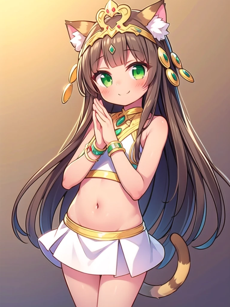 1girl, masterpiece, best quality, perfect hands, white skirt, brown hair, green eyes, tiara, ankle lace-up, cat ears, dark skin, jewelry, midriff, very long hair, cat tail, smile, blush, cowboy shot, bare legs, bastet_PD, cat girl, bastet, revealing clothes, navel, shoulder cutout, bare shoulders, off shoulder