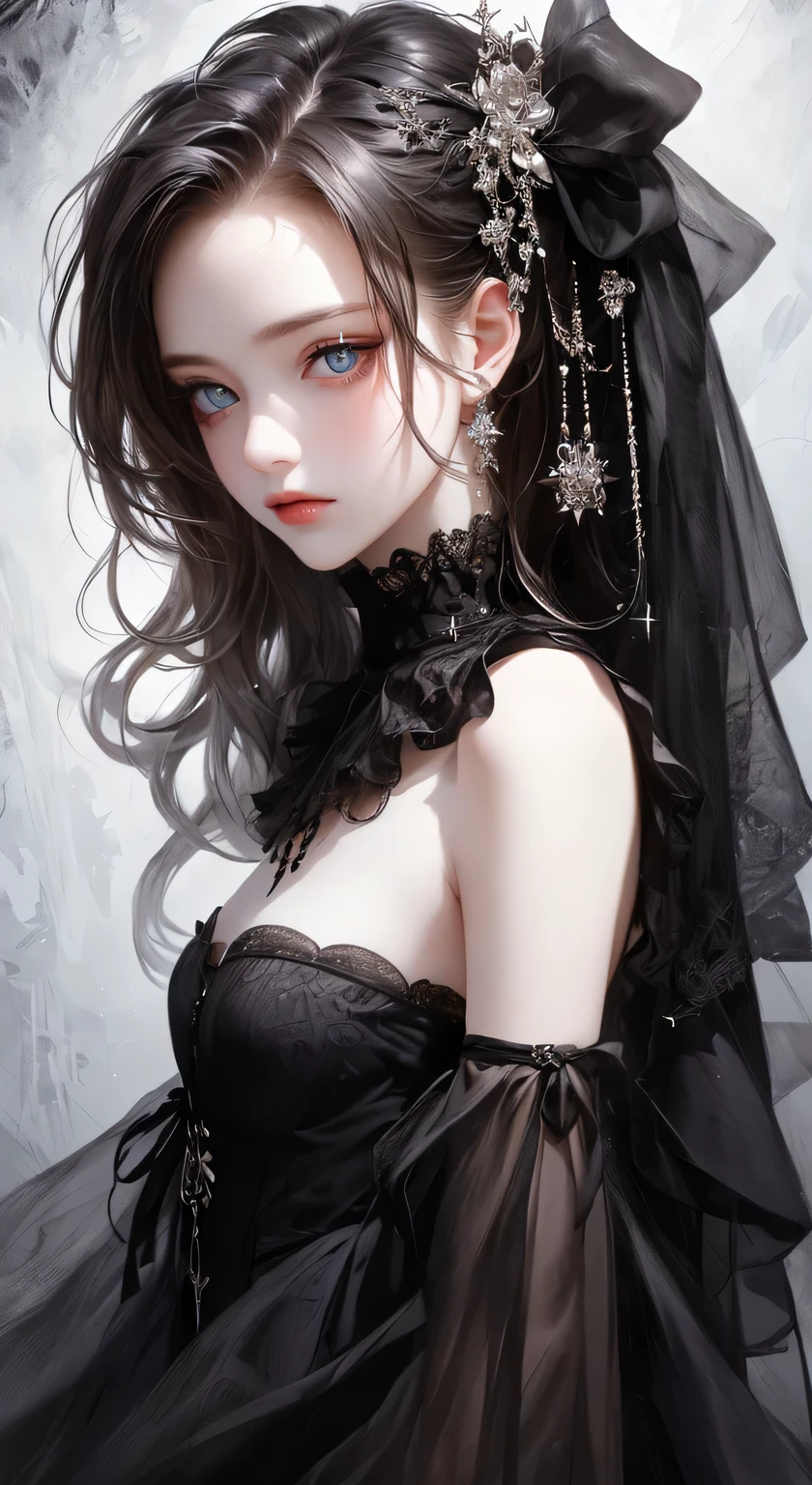 ((masterpiece, Highest quality, Very detailed, High resolution)), alone, beautiful girl, Shining Eyes, Perfect Eyes, 15 years old, Black White Gold theme,Gothic