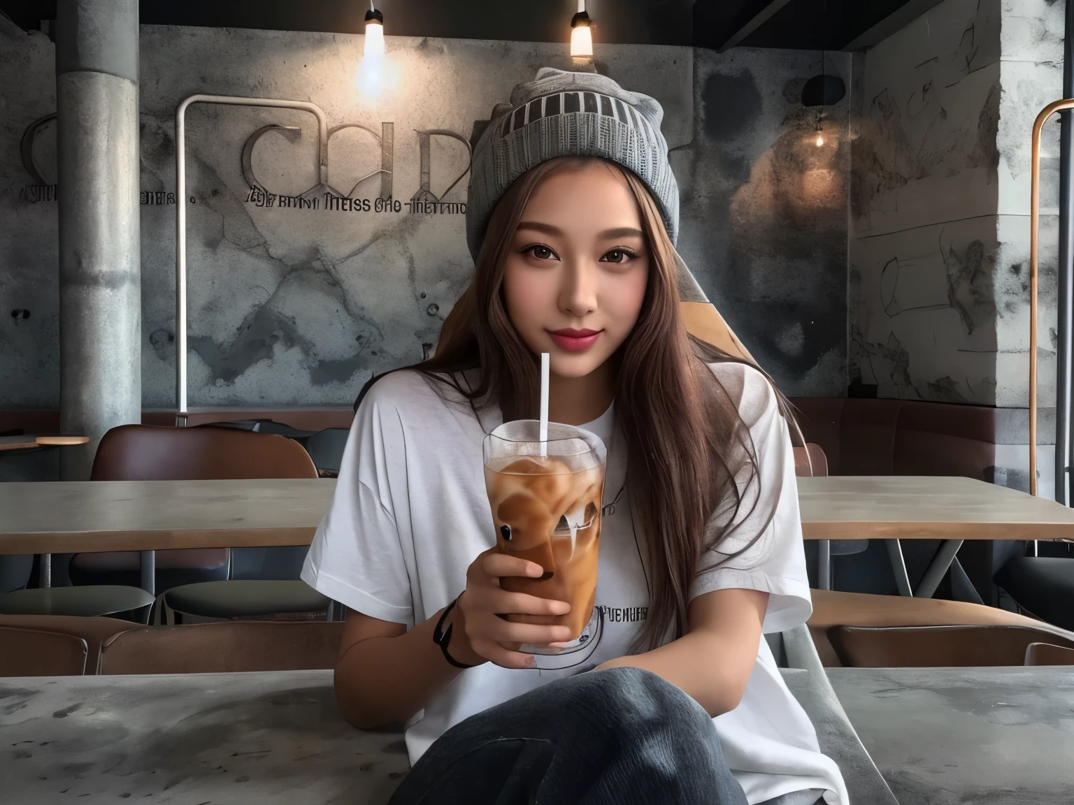 A trendy young woman sitting in a modern, industrial-style café, casually enjoying a drink. She has long, straight brown hair and is wearing an oversized white T-shirt with a graphic design, paired with a grey beanie hat. The background features exposed concrete walls, metal pipes, and warm, ambient lighting, creating a relaxed and contemporary atmosphere. The table in front of her has a glass of iced coffee.